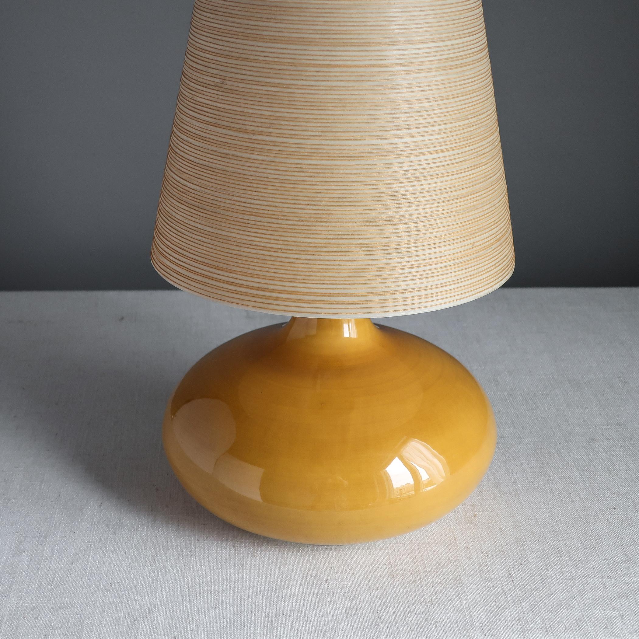 Canadian Bostlund Small Yellow Ceramic Lamp, Original Fiberglass Shade, Danish Modern