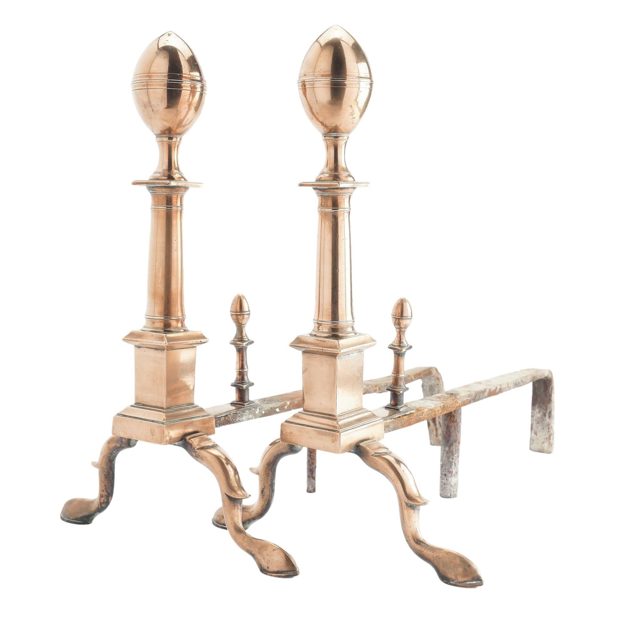 Boston bell metal lemon top andirons with matching fire tools, c. 1790 In Good Condition For Sale In Kenilworth, IL