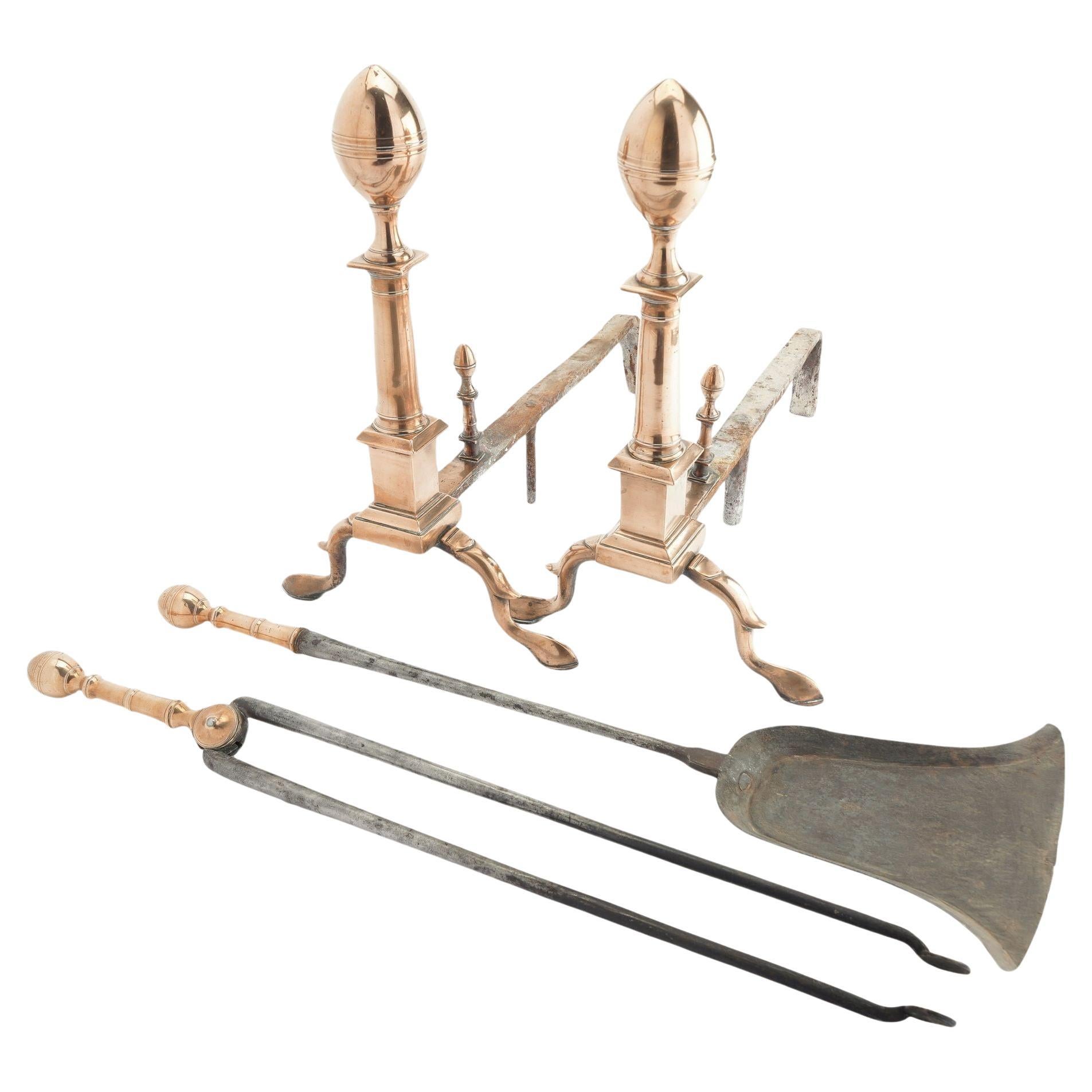 Boston bell metal lemon top andirons with matching fire tools, c. 1790 For Sale