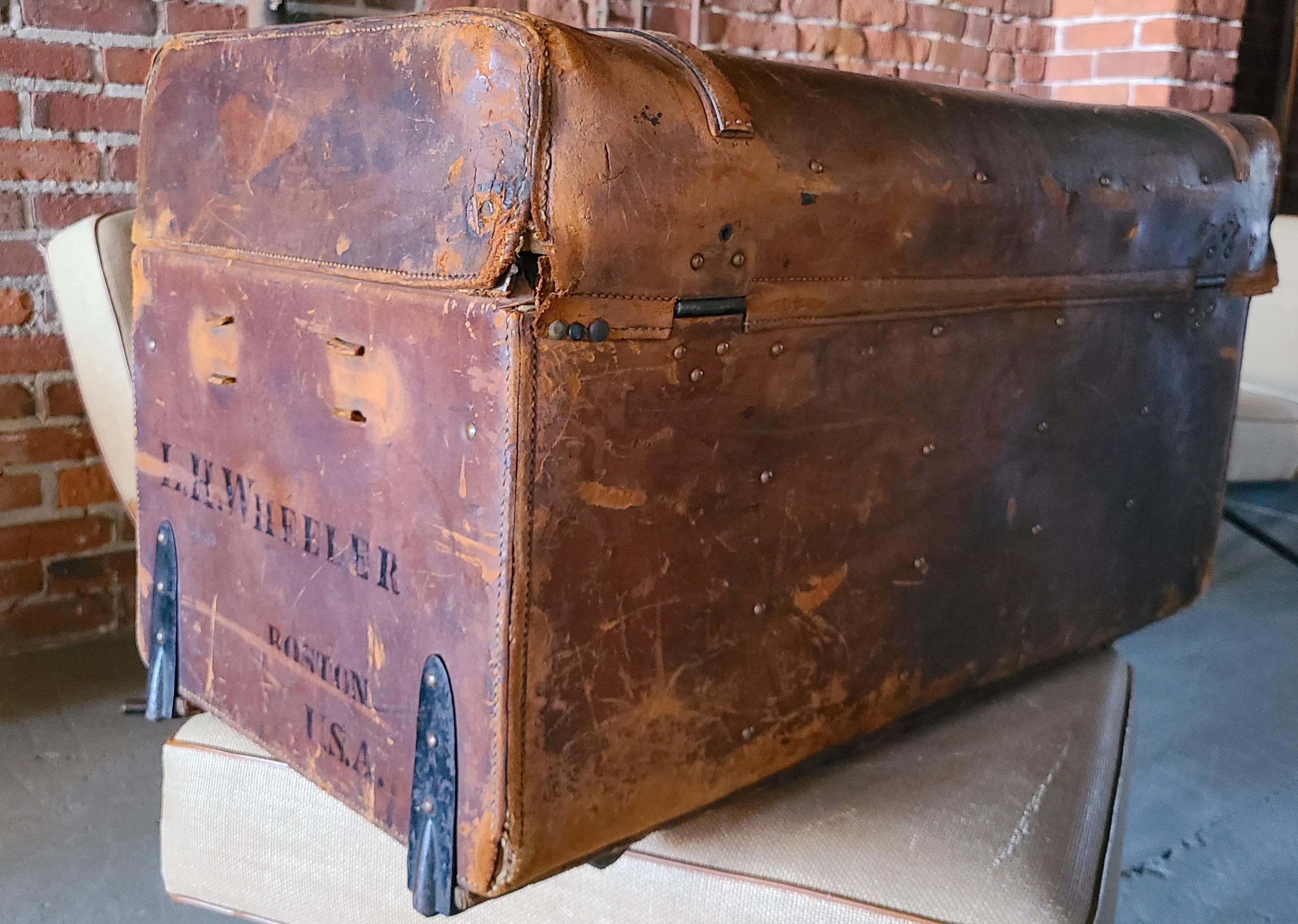 Boston Civil War Era Leather Brass Travel Trunk  For Sale 9
