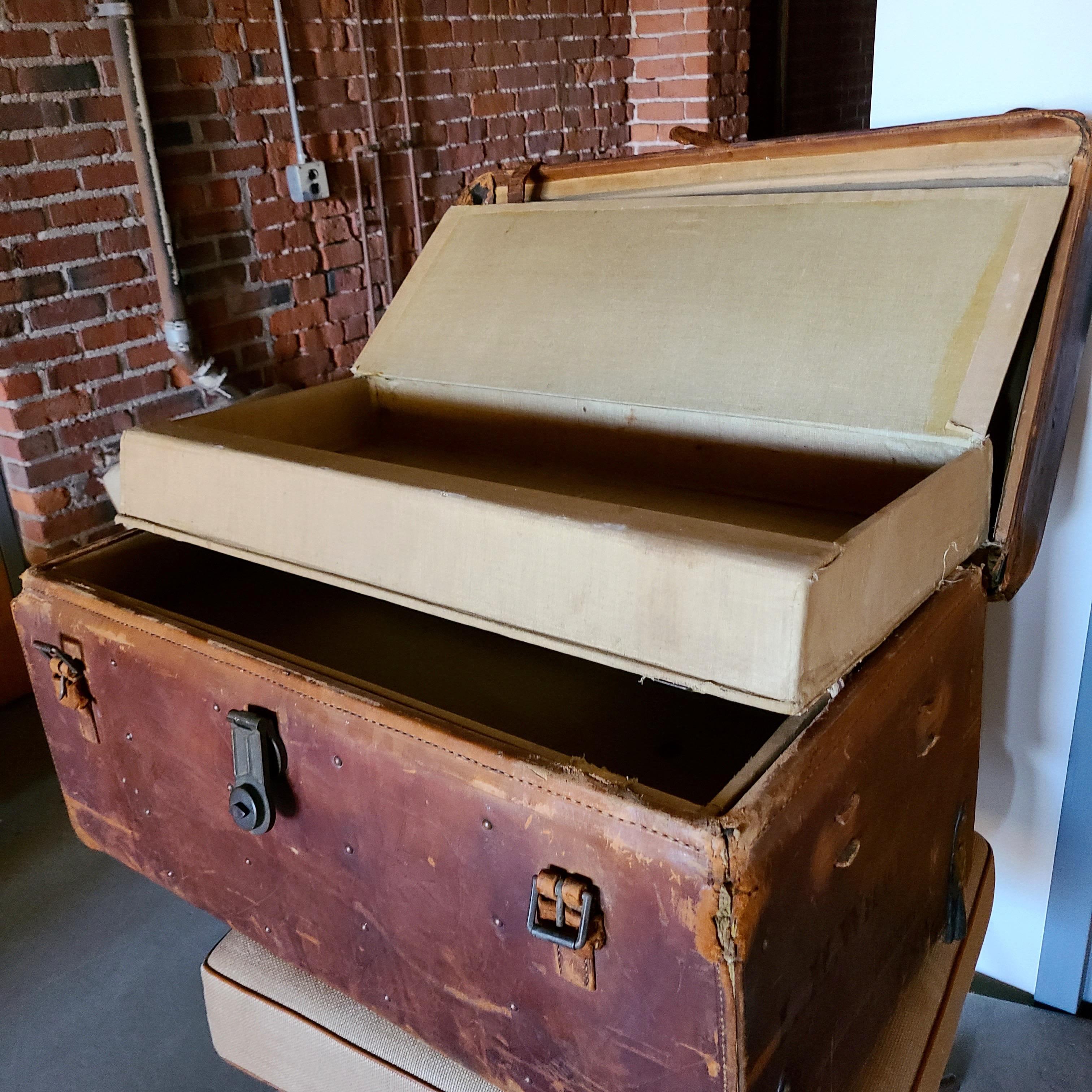 Boston Civil War Era Leather Brass Travel Trunk  For Sale 5