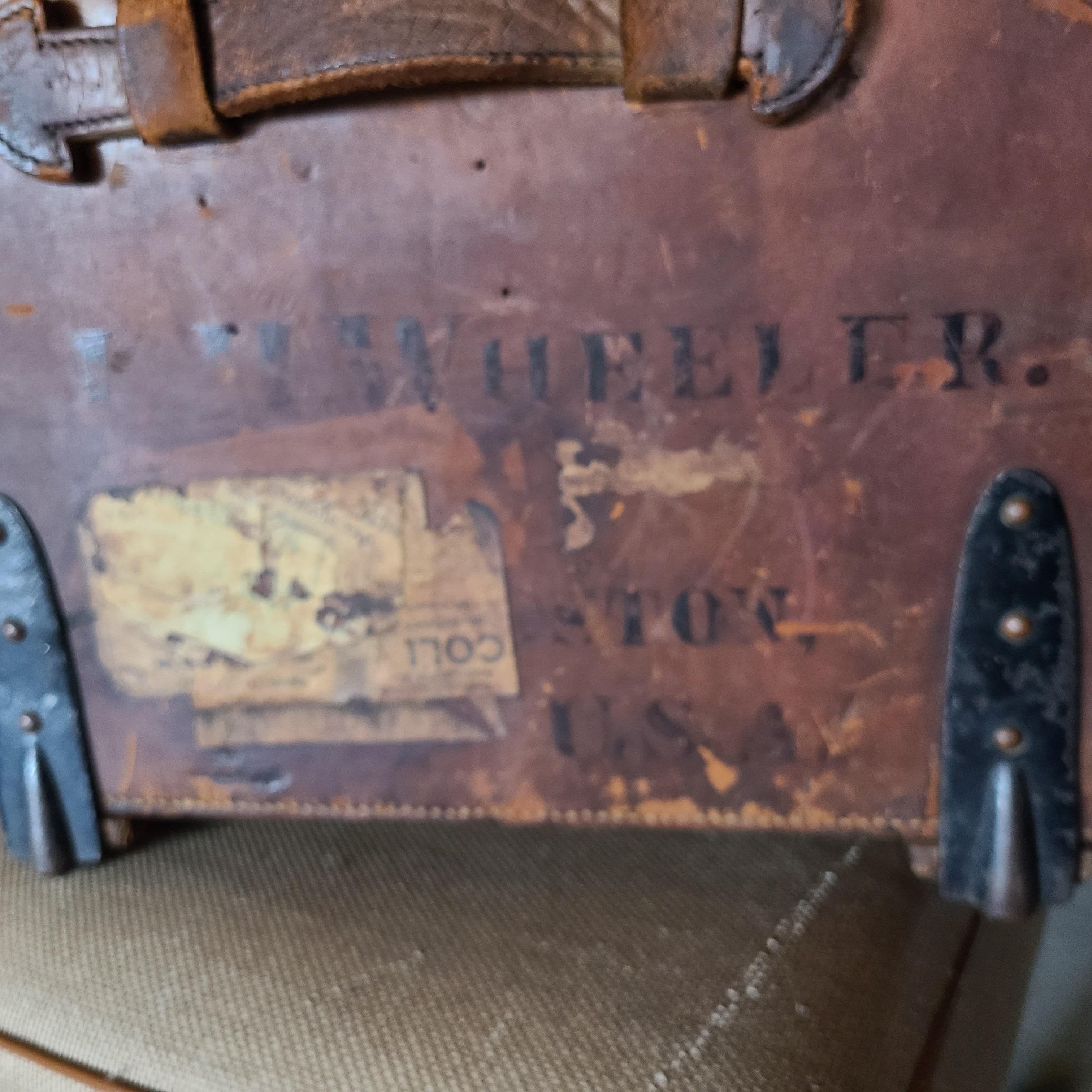 Mid-19th Century Boston Civil War Era Leather Brass Travel Trunk  For Sale