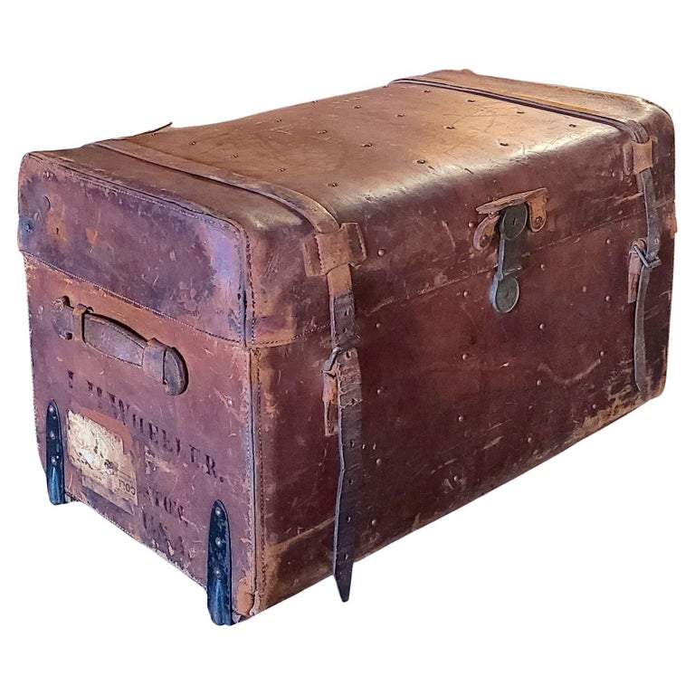 Boston Civil War Era Leather Brass Travel Trunk For Sale at 1stDibs | model  a trunk for sale, travel trunk on wheels, civil war chest