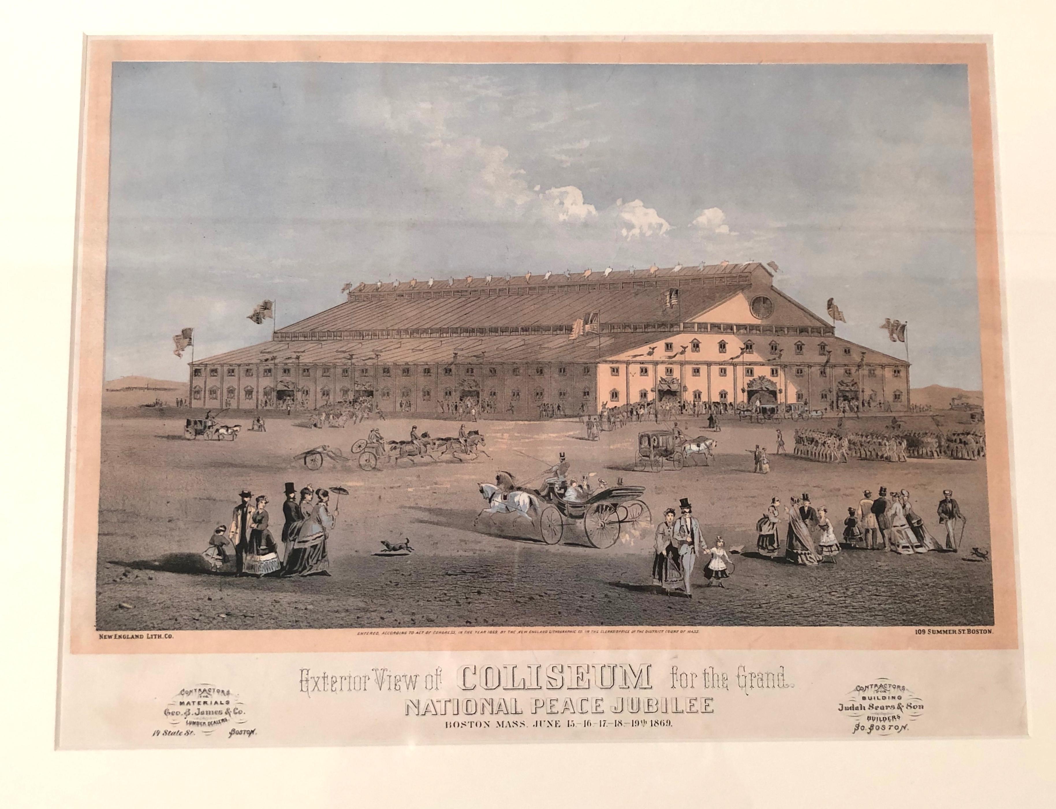 A color lithograph print, circa 1869, of the Boston Coliseum on the occasion of the National Peace Jubilee, commemorating the end of the Civil War, with archival framing, including acid free matte board, UV resistant glass and a new patinated walnut