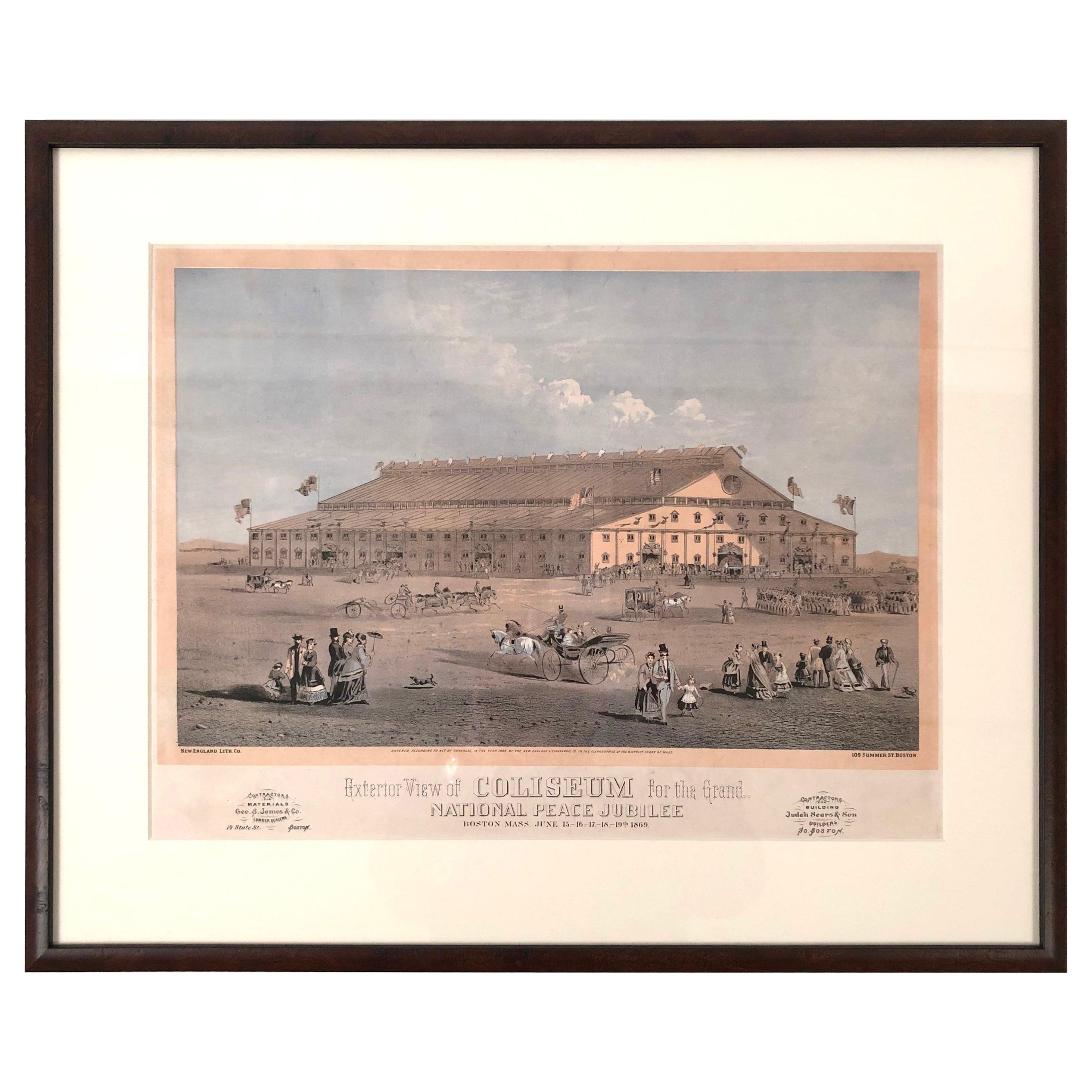 Boston Coliseum National Peace Jubilee Lithograph, circa 1869