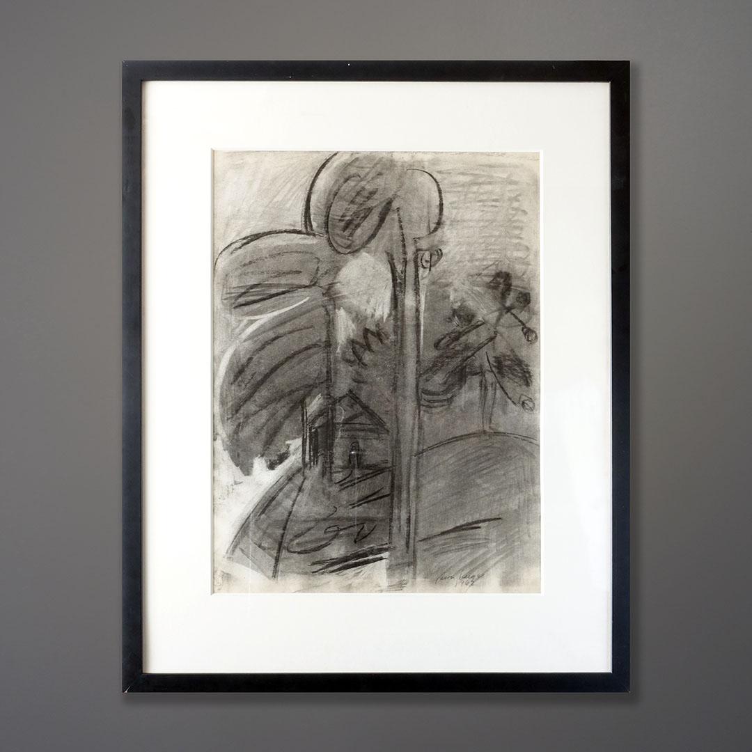 A large charcoal drawing on paper signed Jason Berger, 1962. The framed dimension is 28×35 inches. Matte black wood frame with 8-ply mat.

Jason Berger (1924-2010) studied under Karl Zerbe (German), at the School of the Museum of Fine Arts of Boston
