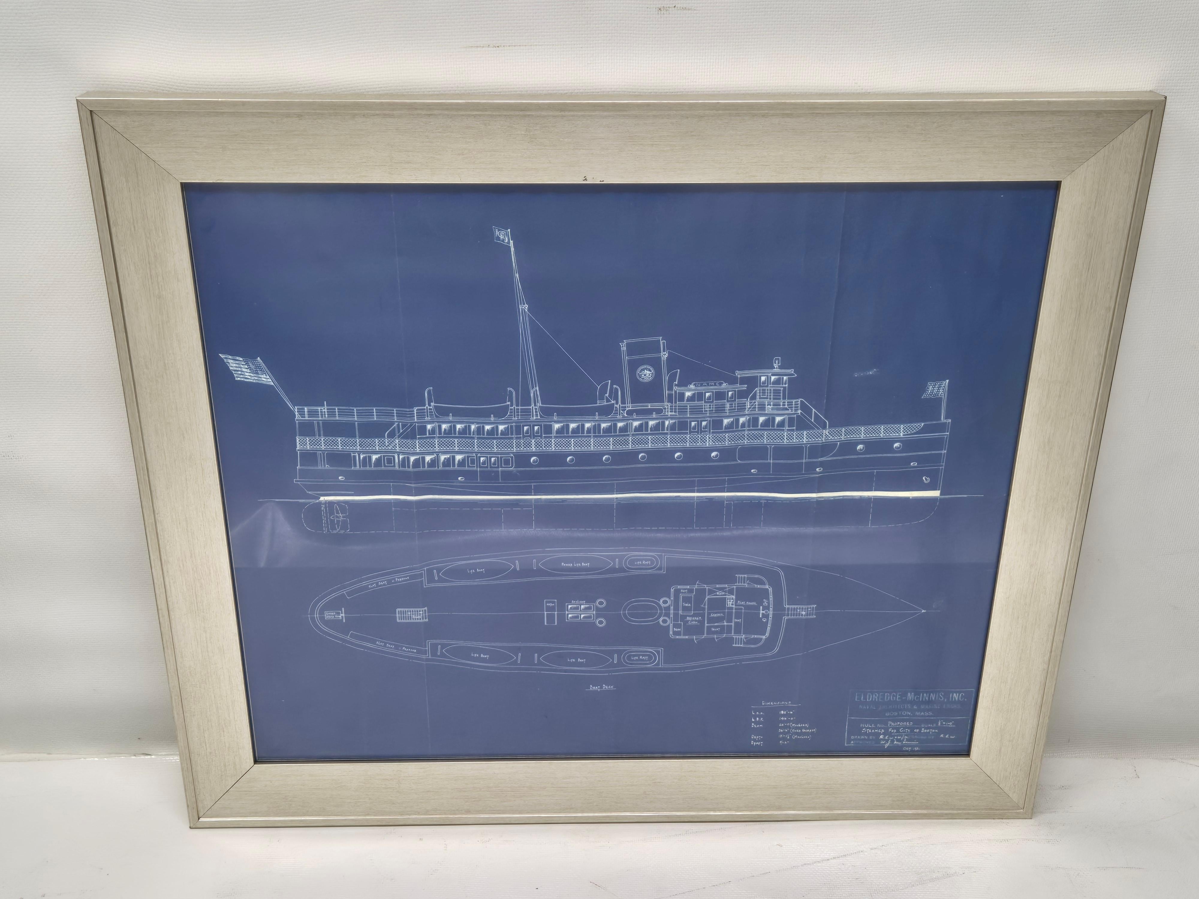 Plan du ferry du port de Boston de l'entreprise Eldredge McInnis, daté d'octobre 1931. Panneau de légende : Coque proposée, échelle de 1/8 de pouce au pied, dessinée par R.E.W. (Ralph E. Winslow) & A&M. (Walter McInnis). Beau profil de coque de