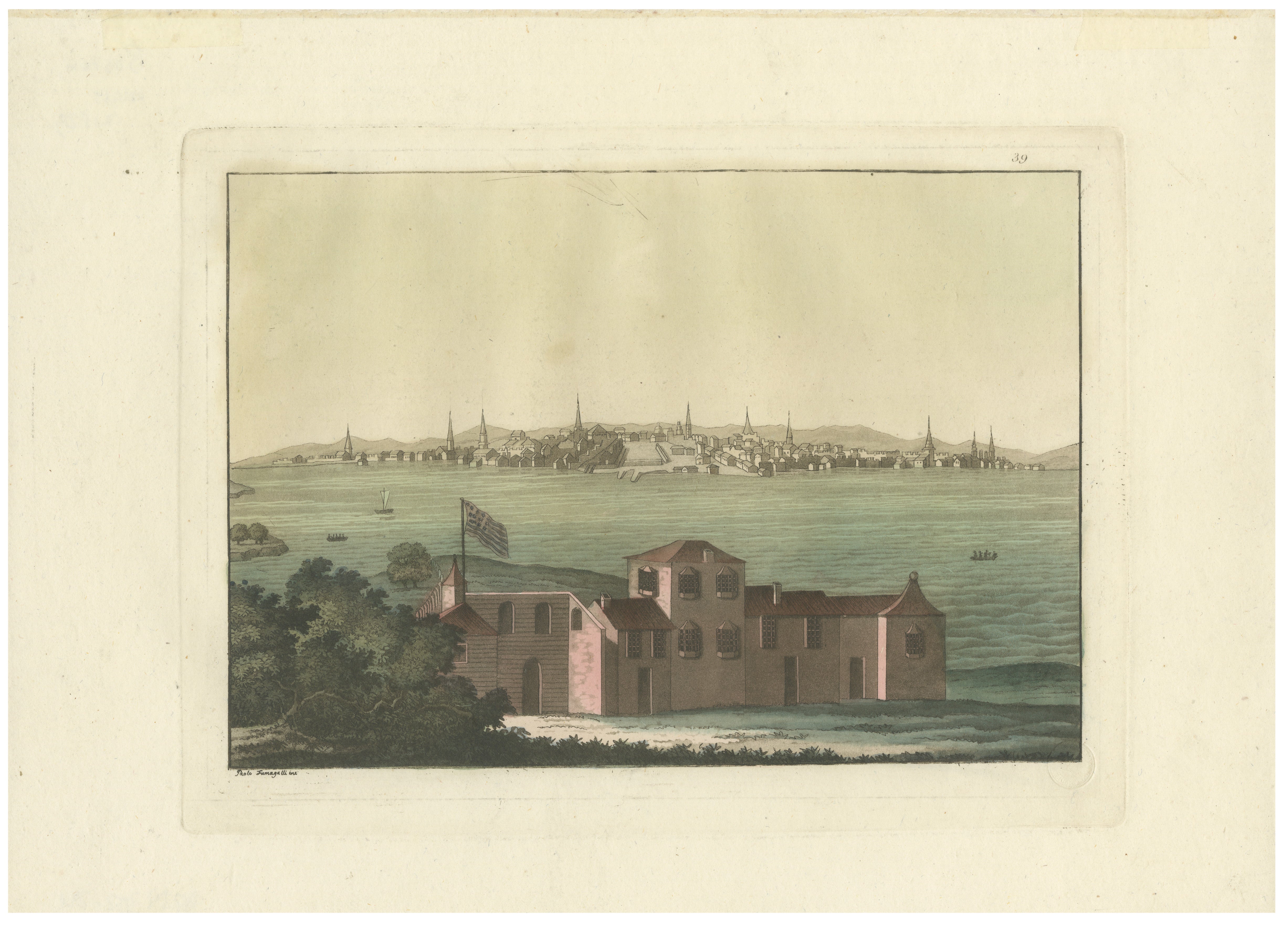 Boston Harbor View from Castle William, Hand-Colored Aquatint by Fumagalli, 1827
