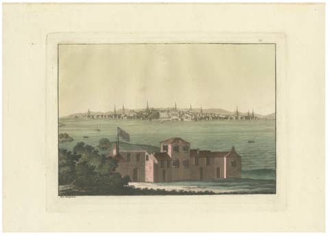 Boston Harbor View from Castle William, Hand-Colored Aquatint by Fumagalli, 1827