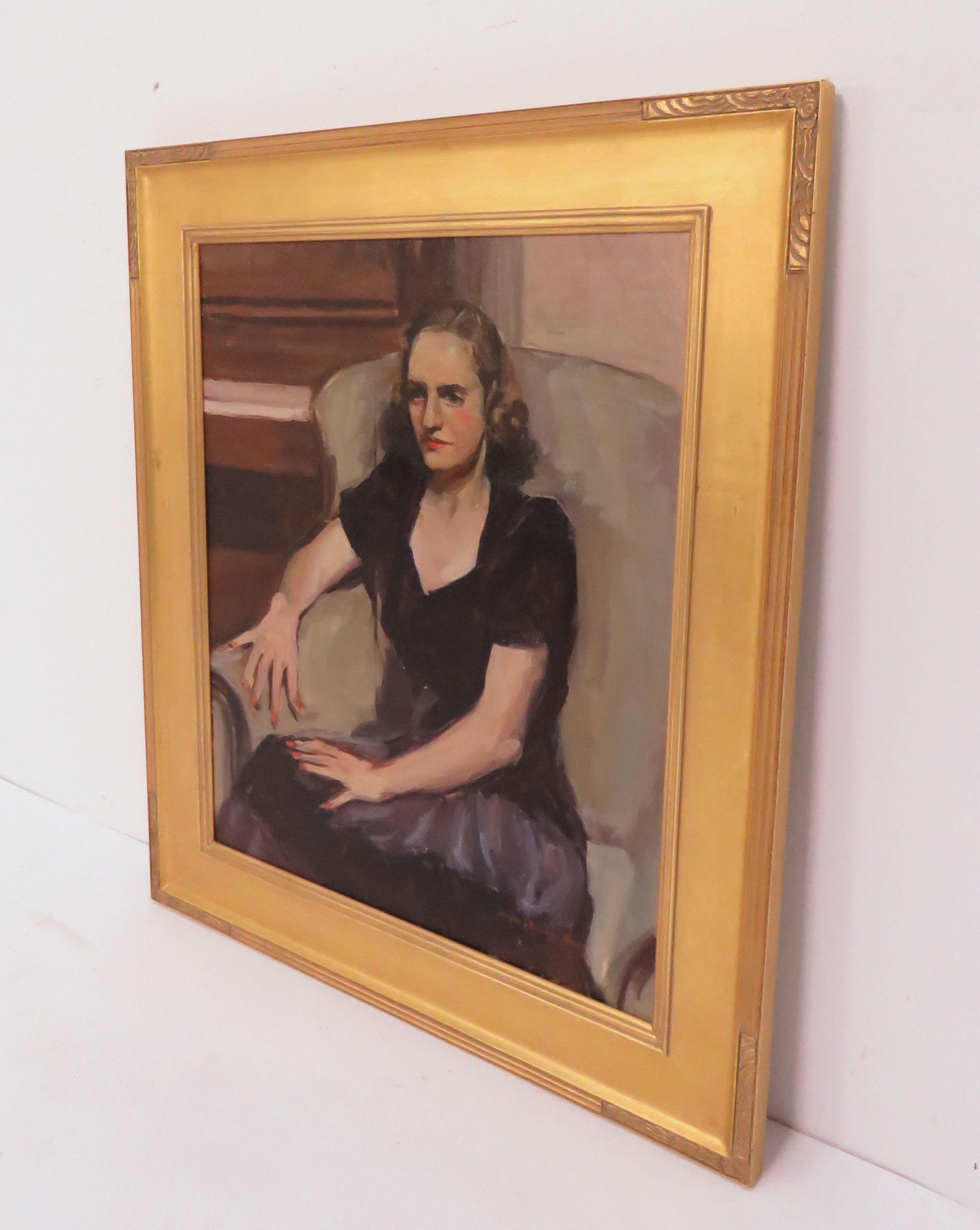 An adept Boston school society portrait of a seated woman (identified as Carol Marks), dated 1938 by the artist Douglas Abbey Jones.