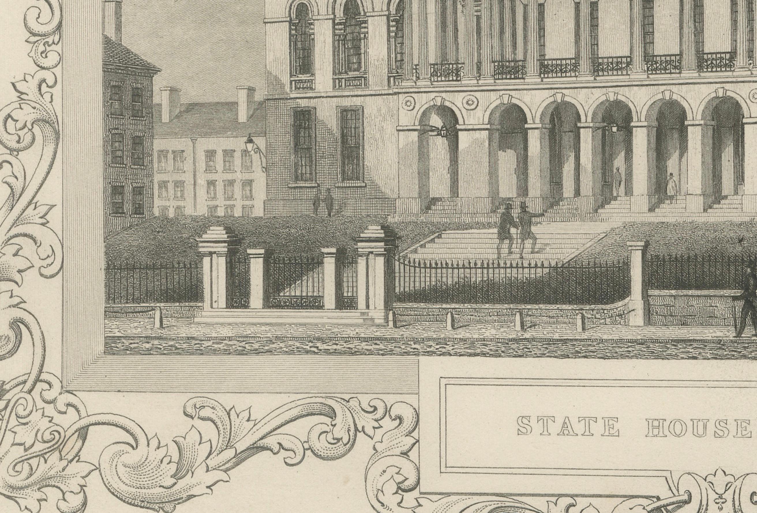 Boston State House Gravur - Antike Ansicht von ca. 1850 im Zustand „Gut“ im Angebot in Langweer, NL
