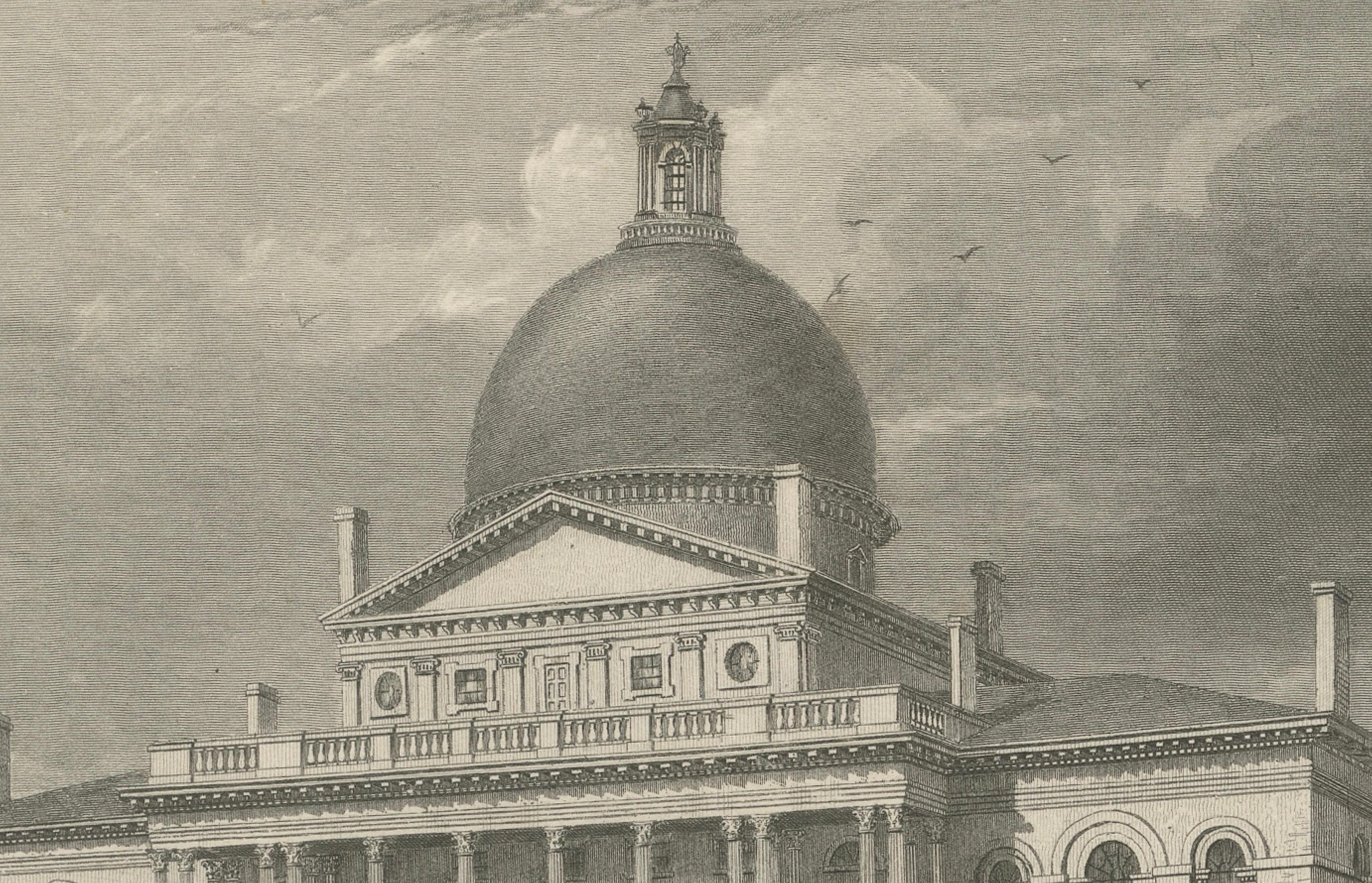 Boston State House Gravur - Antike Ansicht von ca. 1850 (Mittleres 19. Jahrhundert) im Angebot