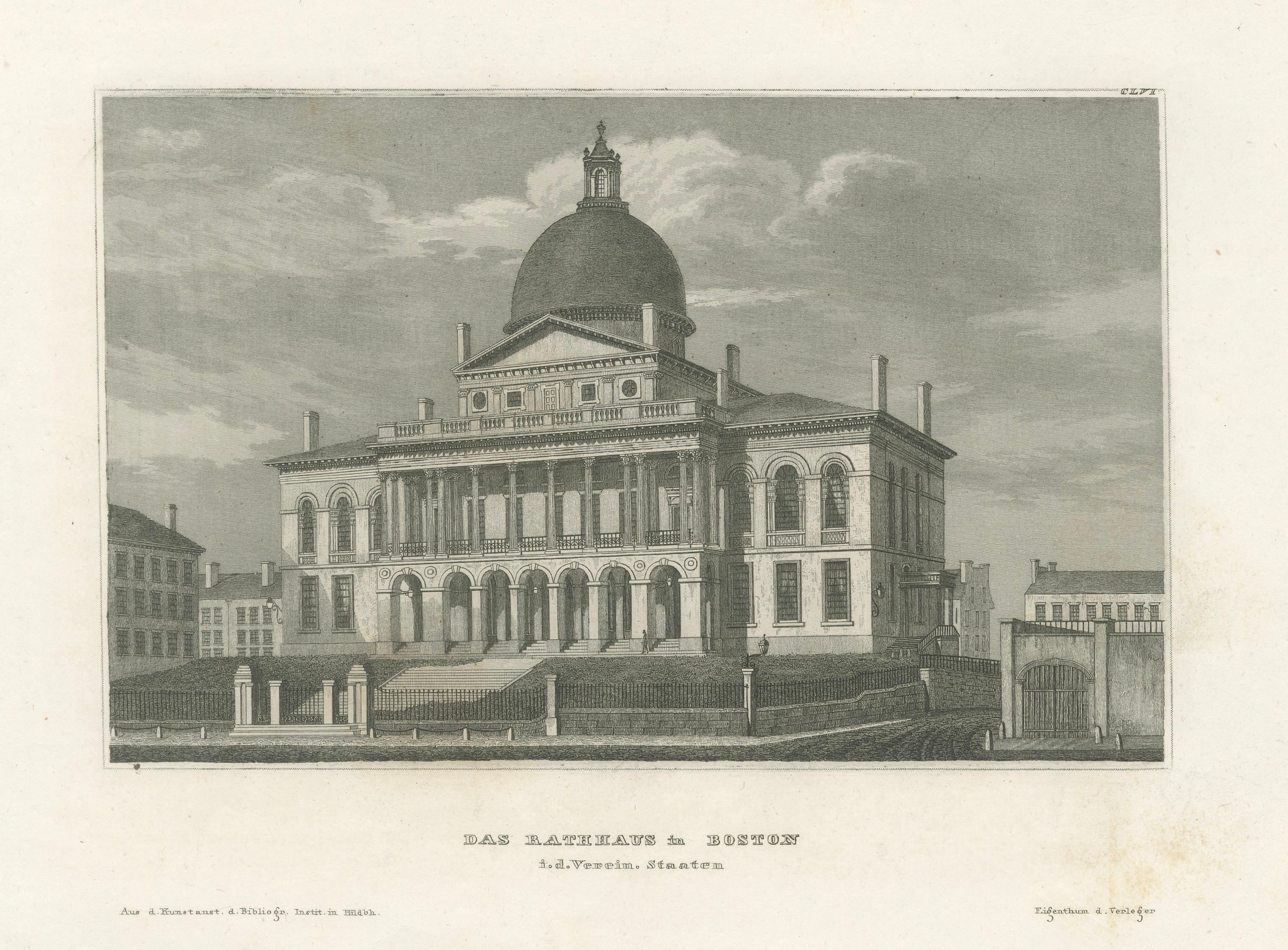Boston State House on Beacon Hill, Antique Steel Engraving ca. 1850