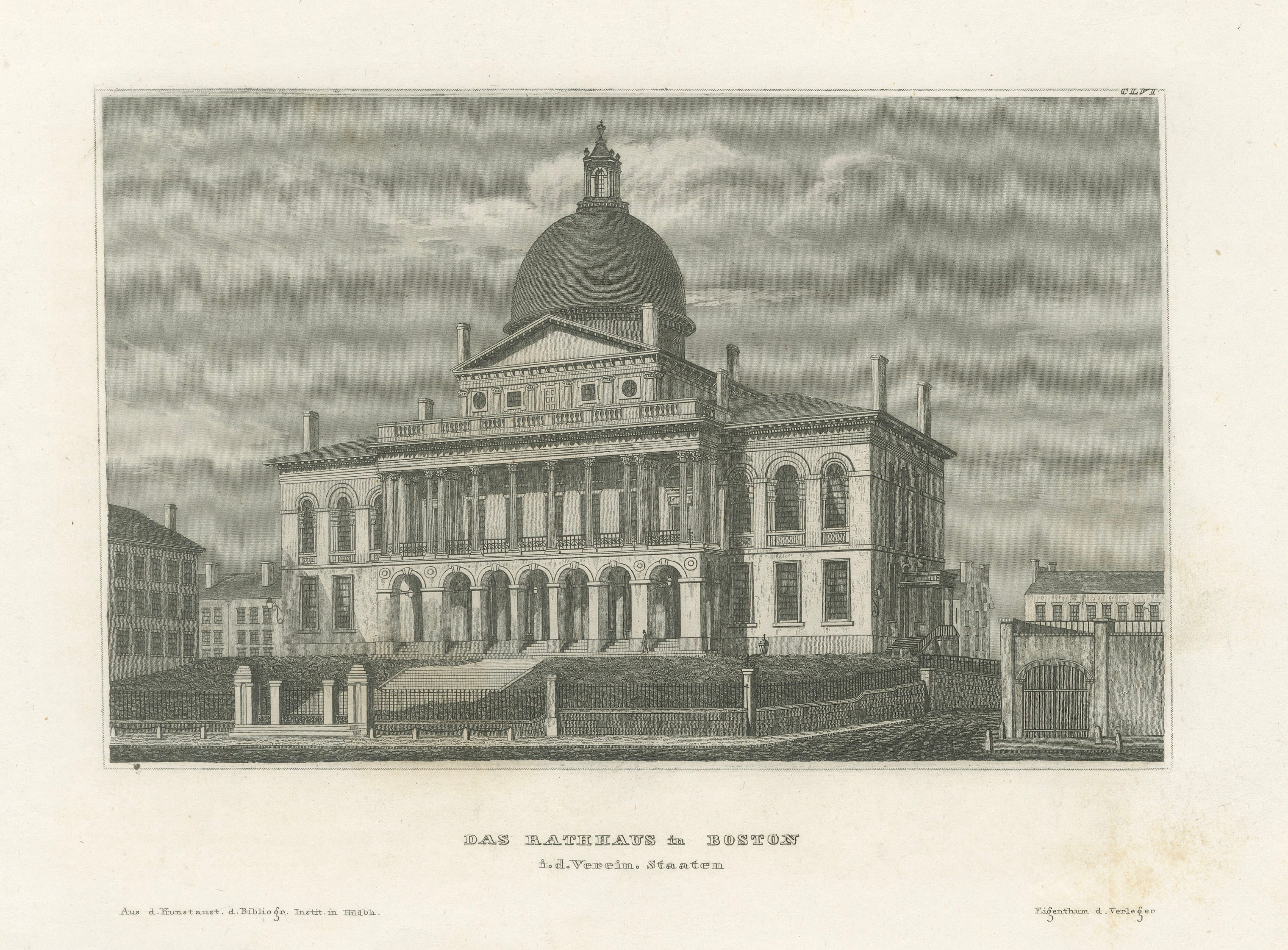 Boston State House on Beacon Hill, Antique Steel Engraving ca. 1850