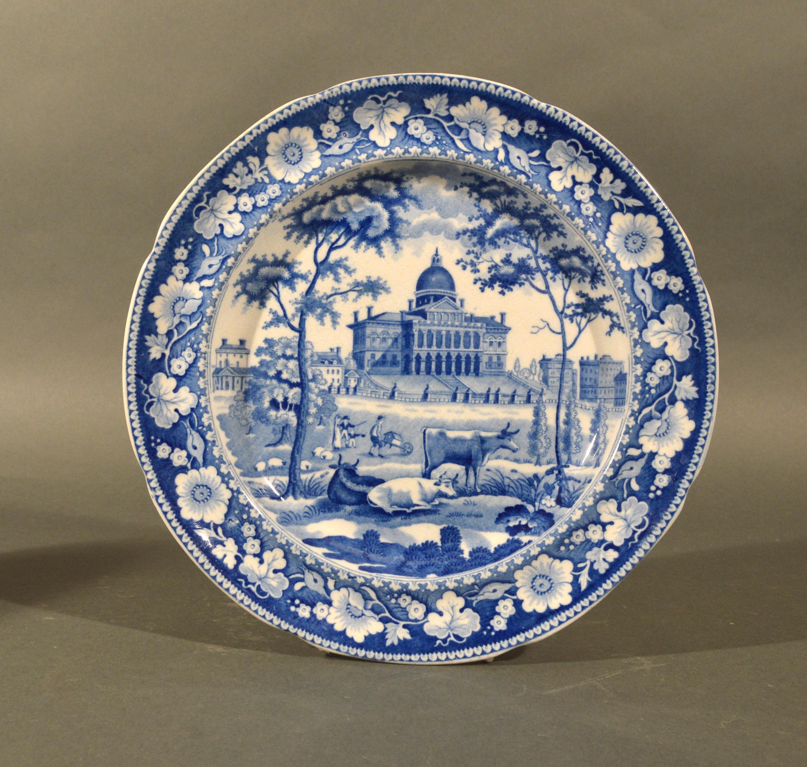 Federal Boston State House Staffordshire Blue & White Pottery Plates For Sale