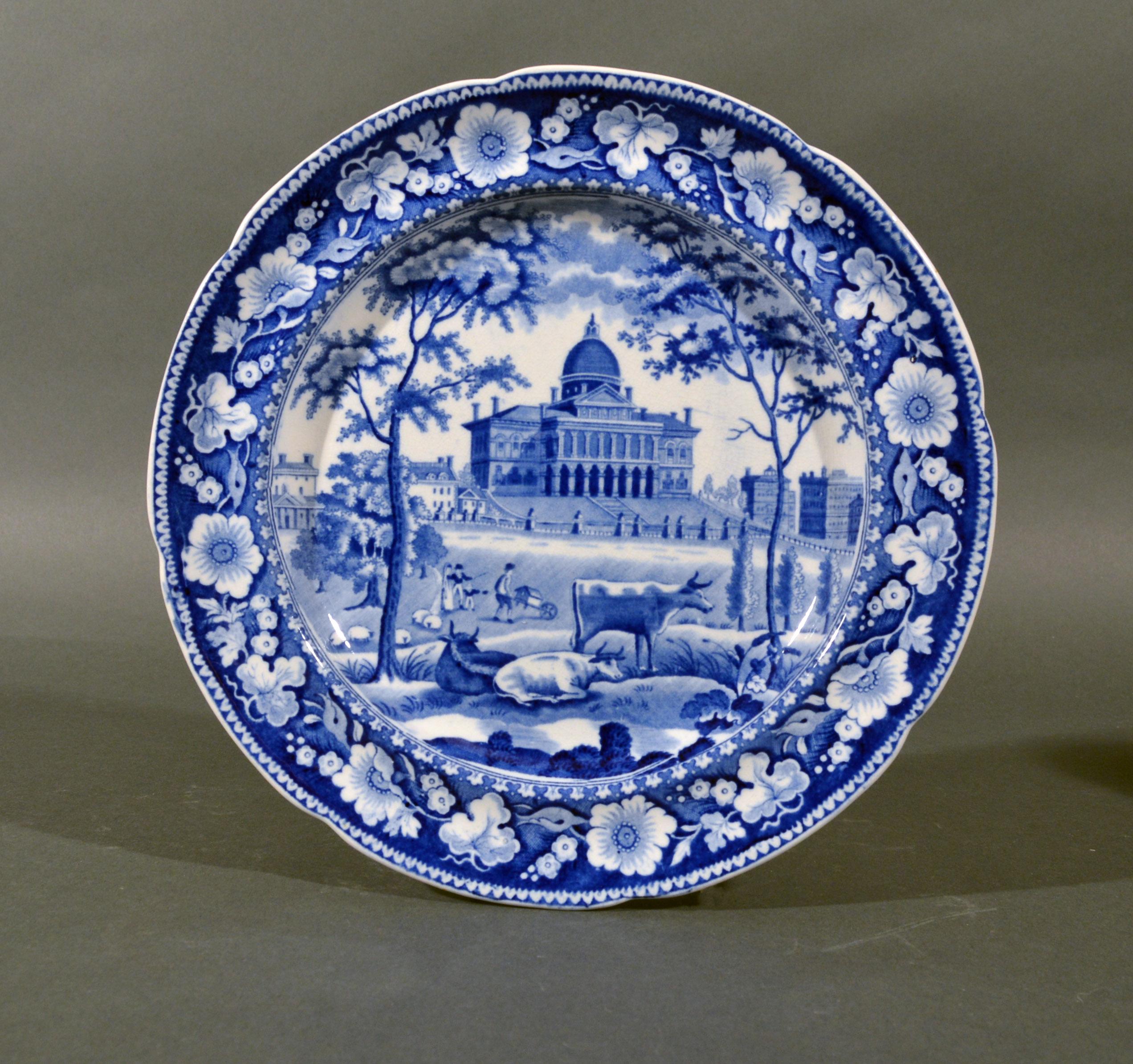 English Boston State House Staffordshire Blue & White Pottery Plates For Sale