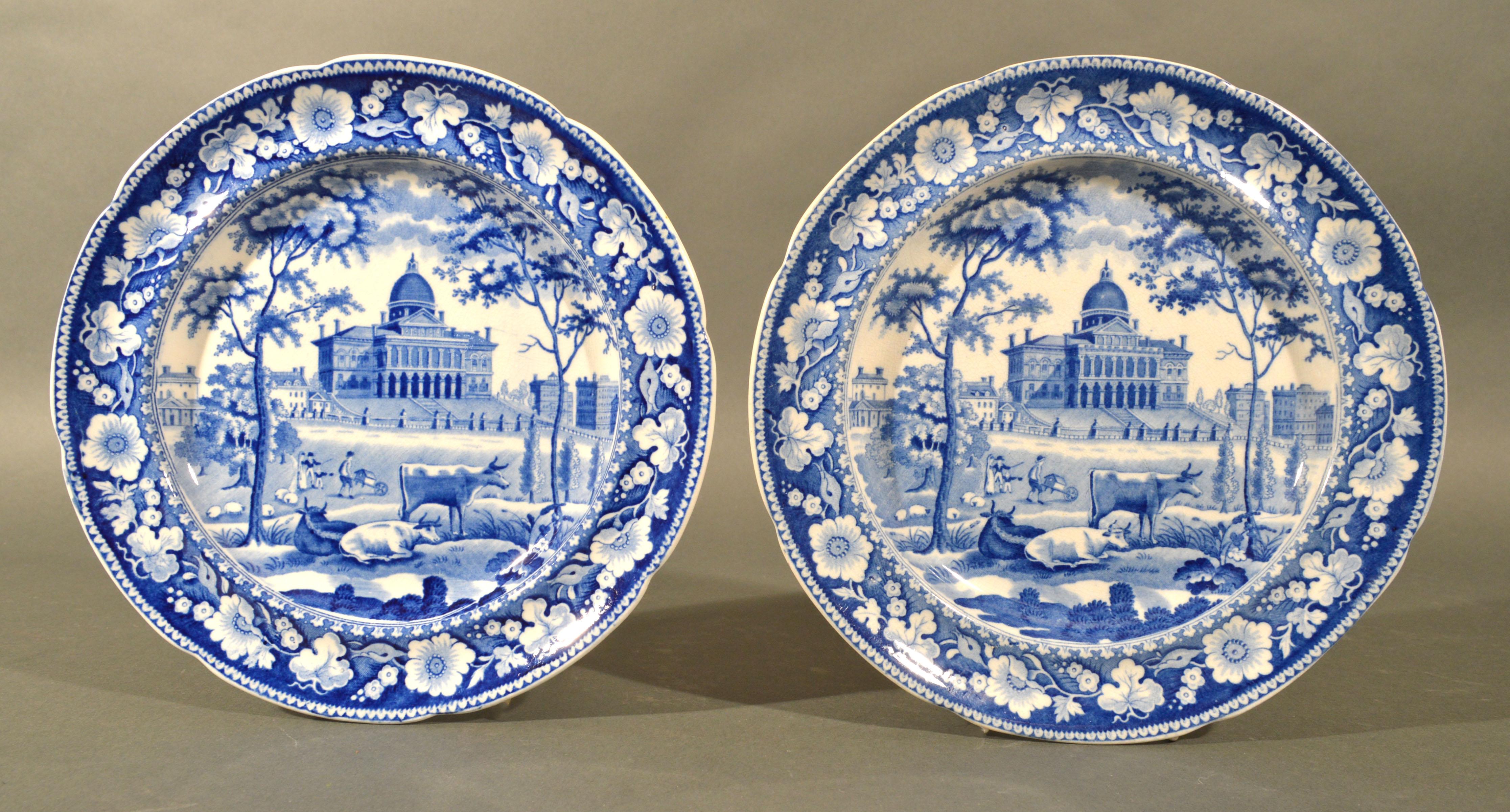 Boston State House Staffordshire Blue & White Pottery Plates In Good Condition For Sale In Downingtown, PA