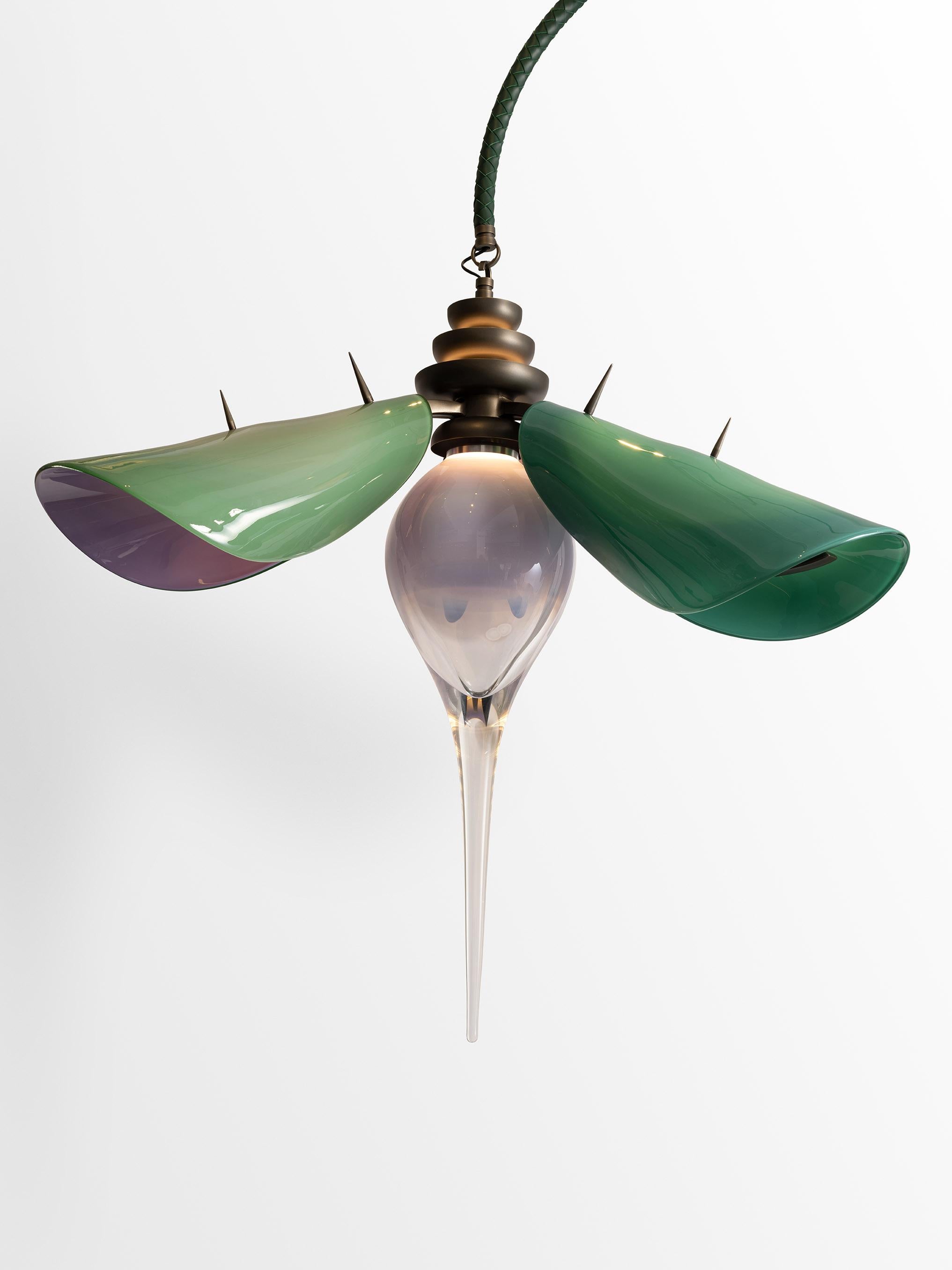 Andreea Avram Rusu
Botanica Chandelier, 2022
Glass, brass, steel, leather, LED
30 x 48 x 78 in 
Hoop and glass 54 in; Stem 24 in

About Botanica:
What transpires when Nature is left to its own devices? It is free to express itself—sensual,