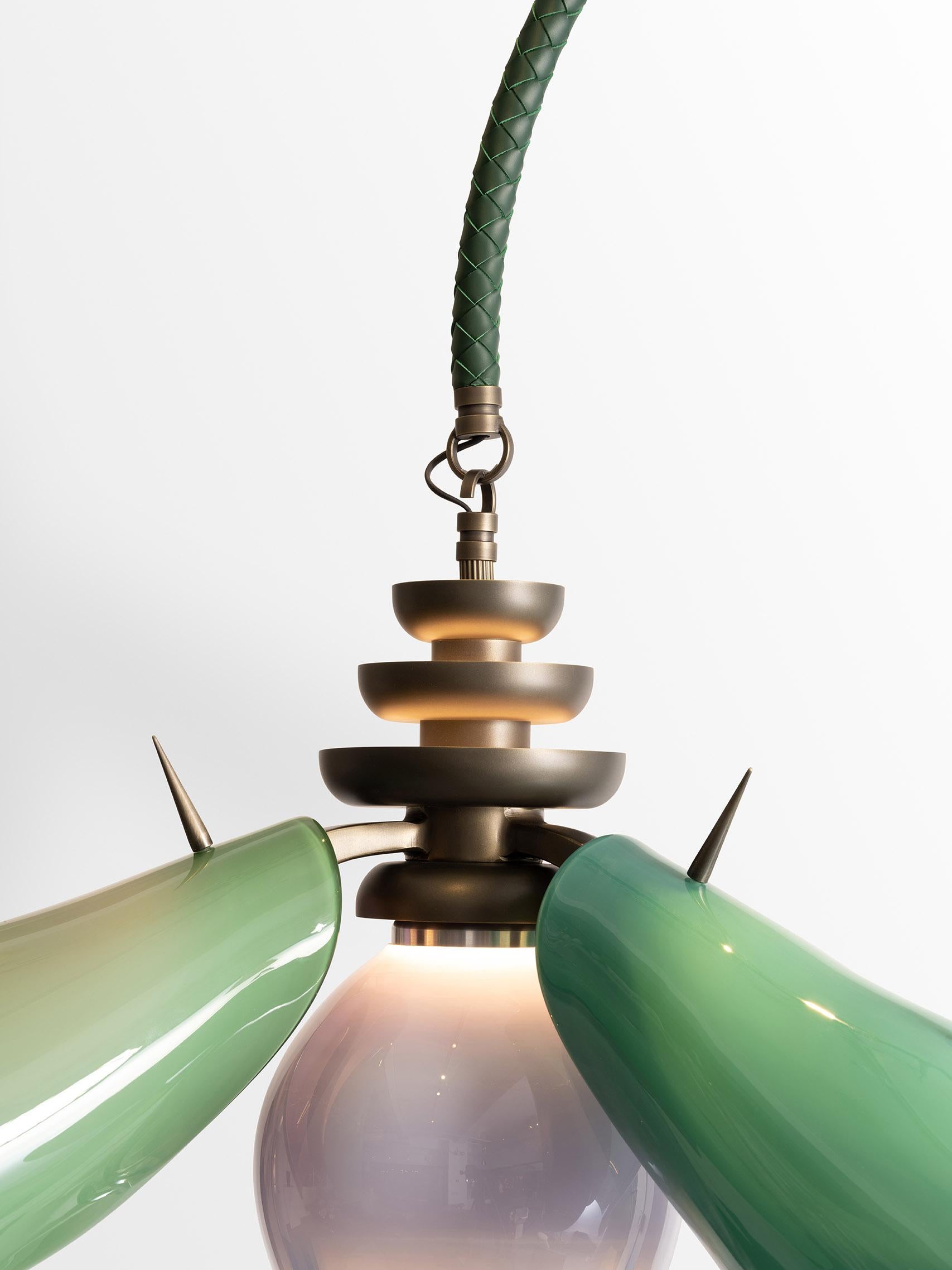 American Botanica Chandelier in Glass and Leather by Andreea Avram Rusu For Sale