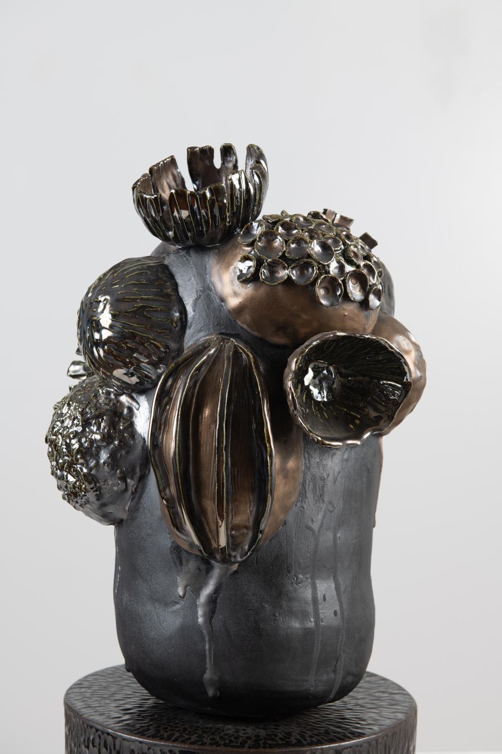 Contemporary Botanica Sculpture in Metallic Glazed Ceramic by Trish DeMasi For Sale