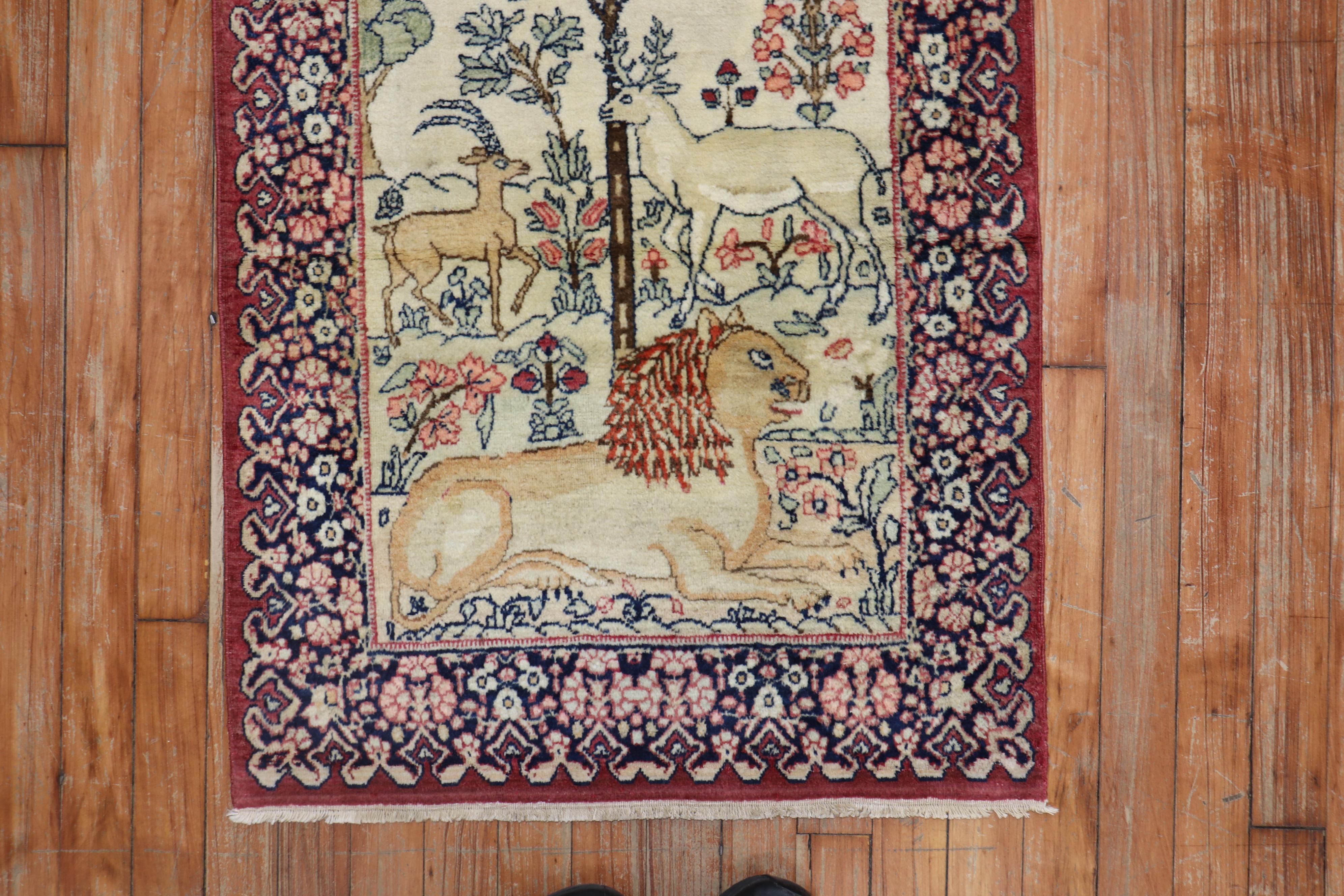 Folk Art Botanical Animal Early 20th Century Pictorial Persian Kerman Mini Rug