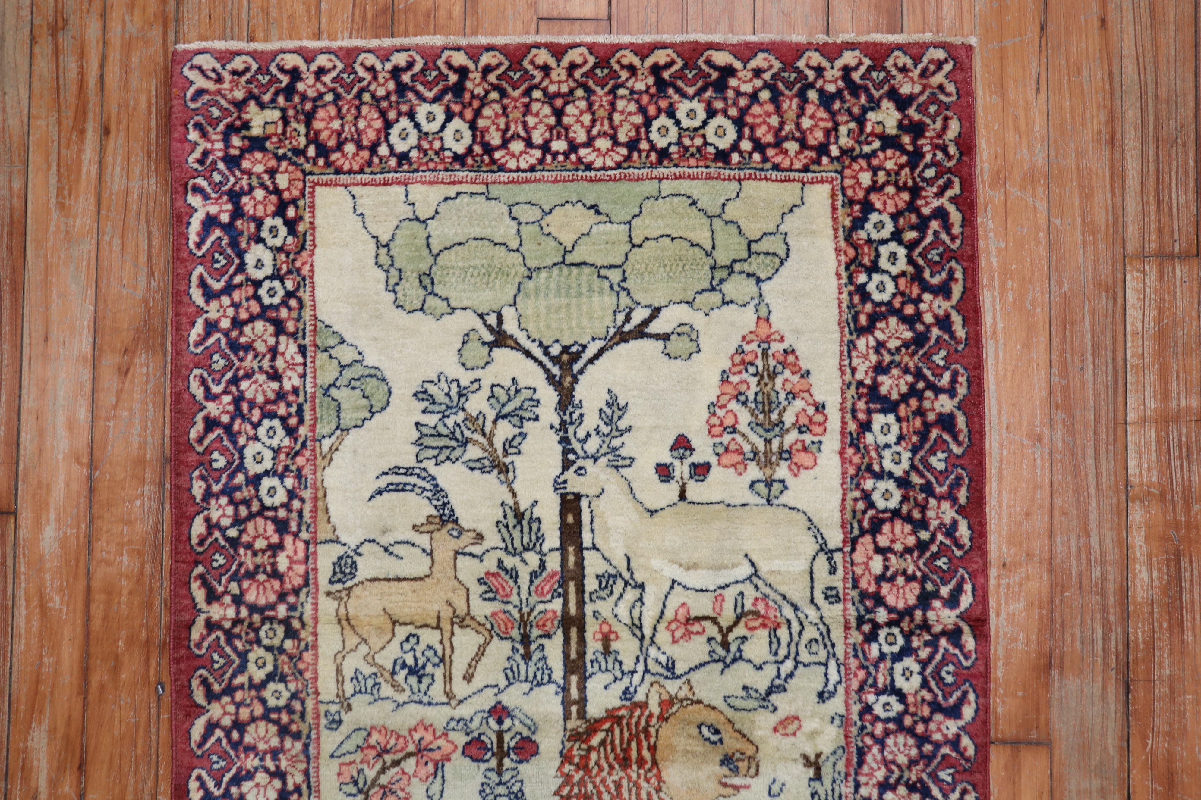 Botanical Animal Early 20th Century Pictorial Persian Kerman Mini Rug In Good Condition In New York, NY