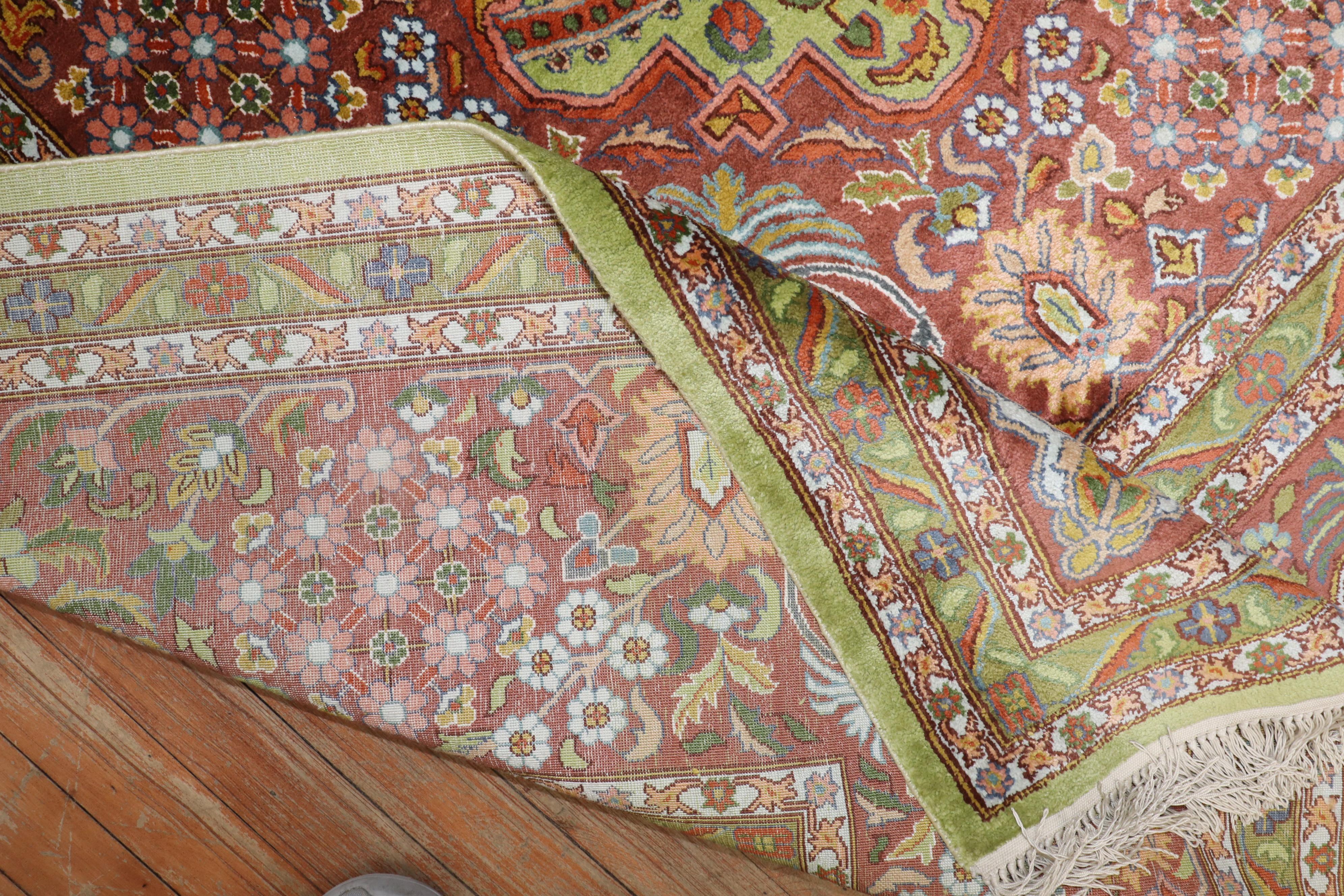 Persian Botanical Antique Silk Kashan Rug For Sale