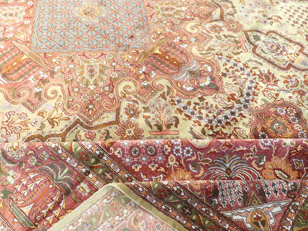 Hand-Woven Botanical Antique Silk Kashan Rug For Sale