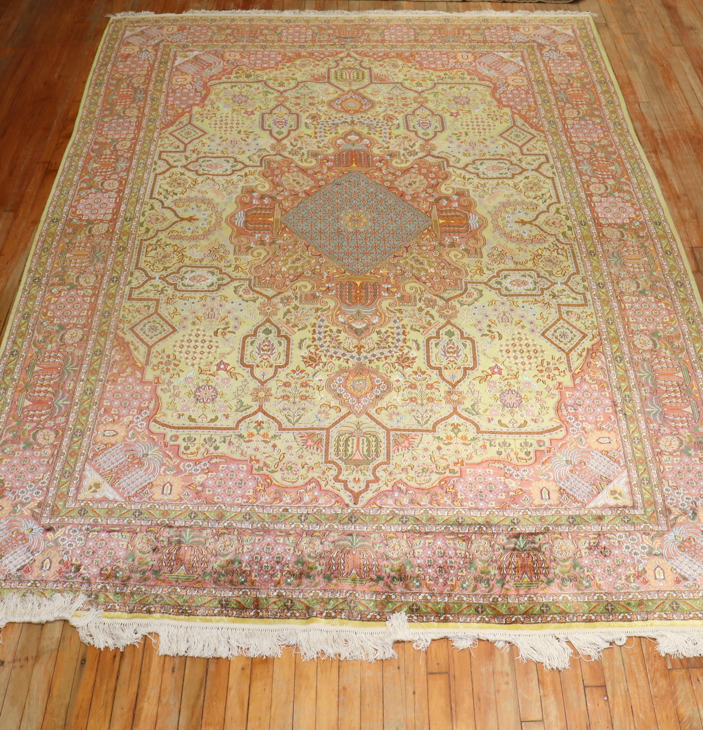 Botanical Antique Silk Kashan Rug In Good Condition For Sale In New York, NY