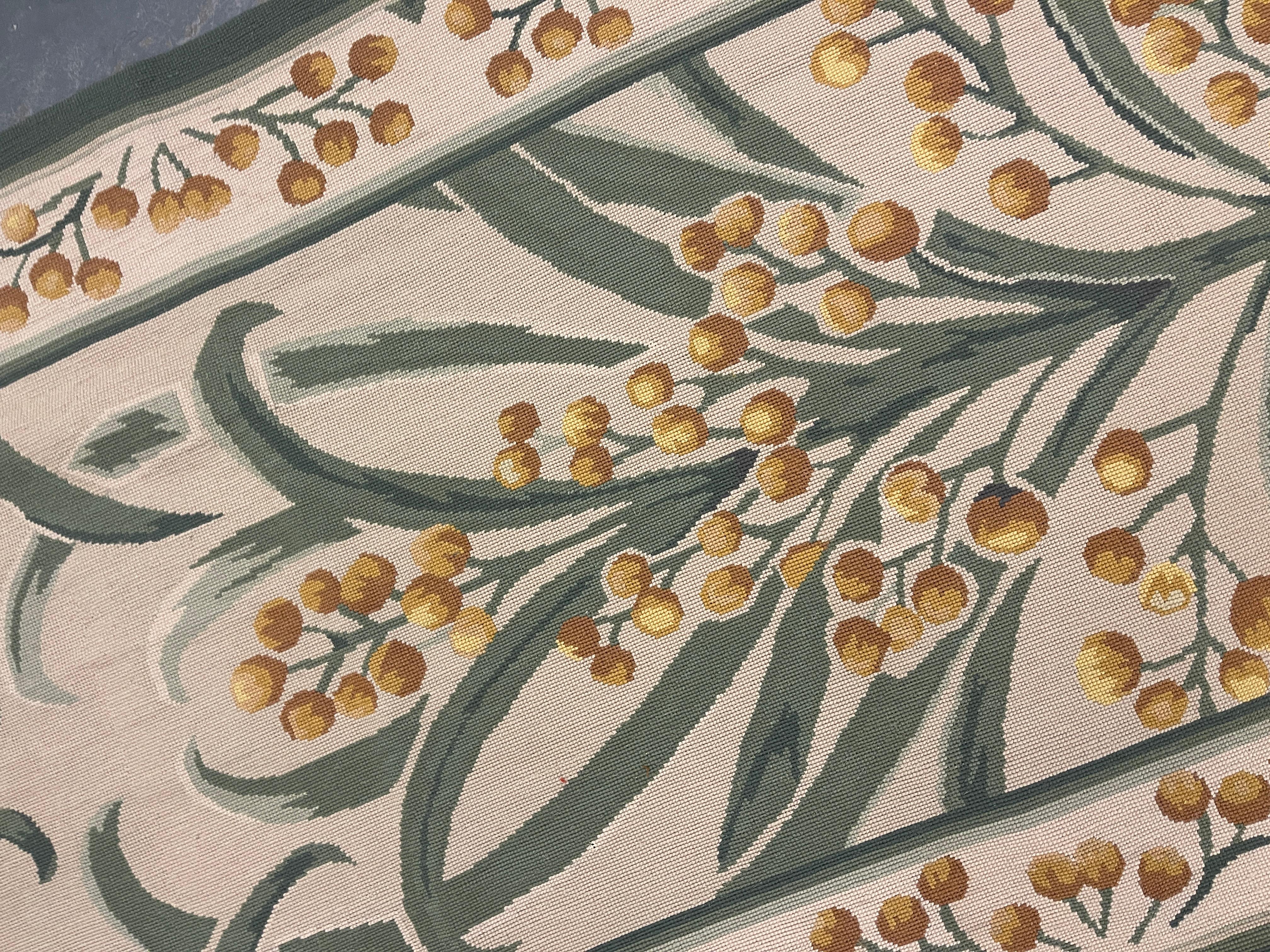 Botanical Aubusson Rug Green Beige Handwoven Wool Needlepoint Traditional Carpet In Excellent Condition For Sale In Wembley, GB