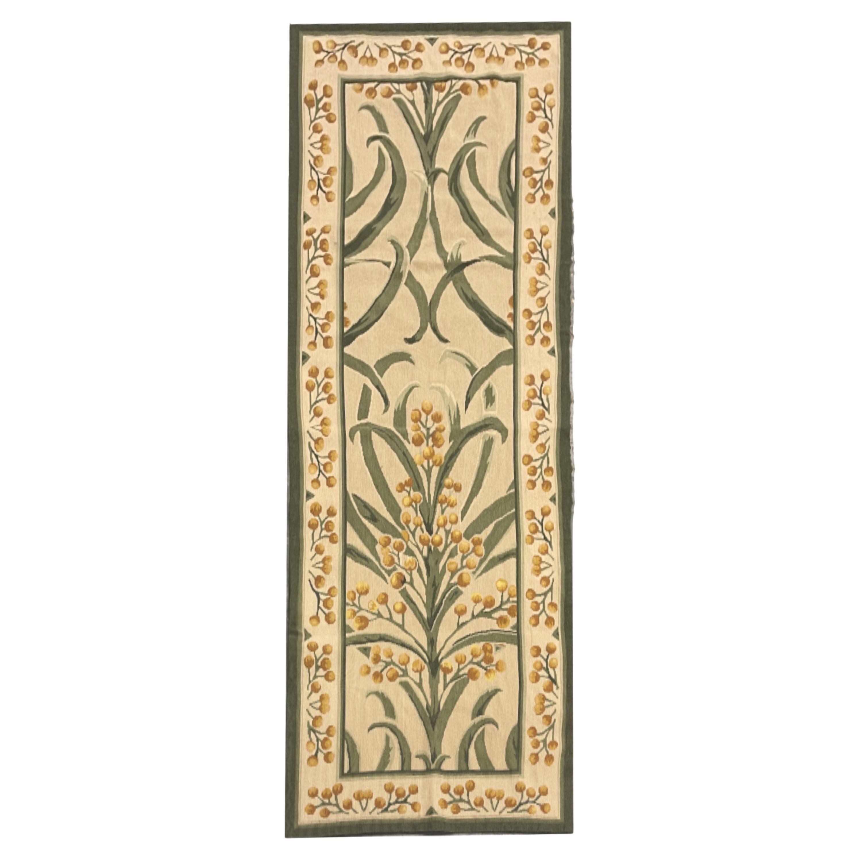 Botanical Aubusson Rug Green Beige Handwoven Wool Needlepoint Traditional Carpet For Sale