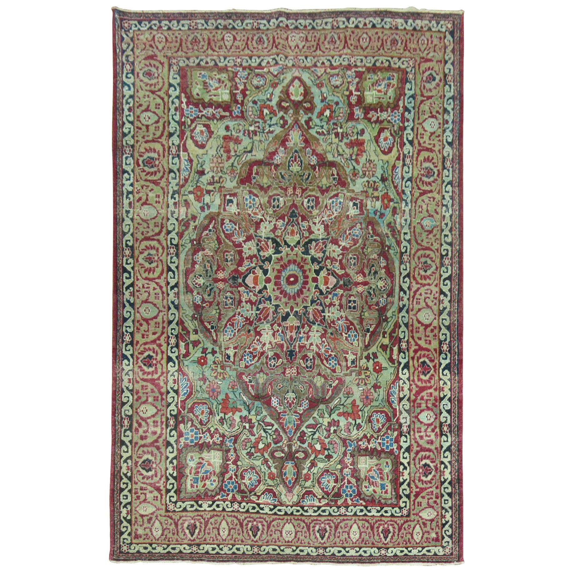 Botanical Celadon Green Kerman Rug For Sale