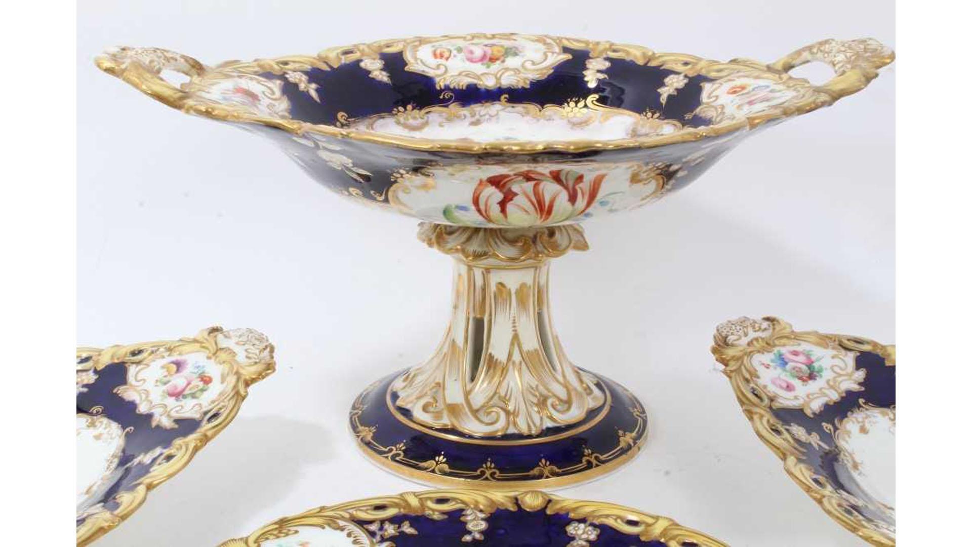 British English Botanical Coalport Cobalt Blue Dessert Service by Stephen Lawrence For Sale
