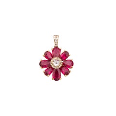 Contemporary Pear Ruby & Rose-Cut Diamond Botanical Pendant in 18K Yellow Gold