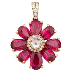Contemporary Pear Ruby & Rose-Cut Diamond Botanical Pendant in 18K Yellow Gold