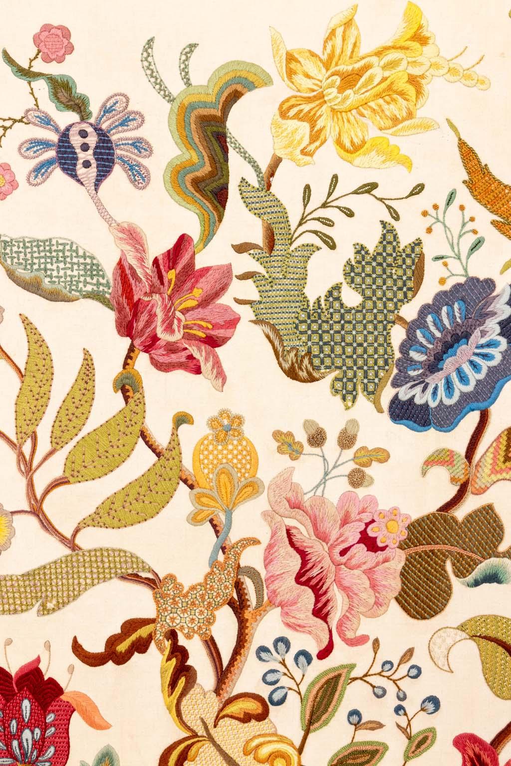 Jacobean Botanical Embroidery Crewel Work Textile Mounted to Be Wall Hung For Sale