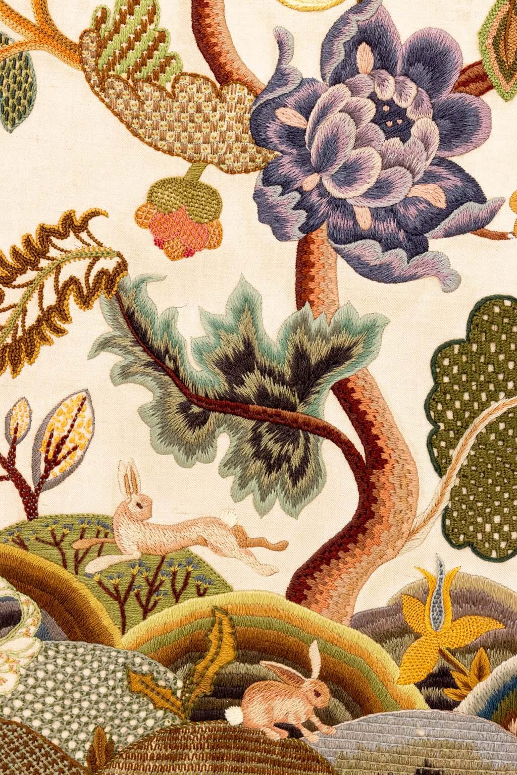 Unknown Botanical Embroidery Crewel Work Textile Mounted to Be Wall Hung For Sale