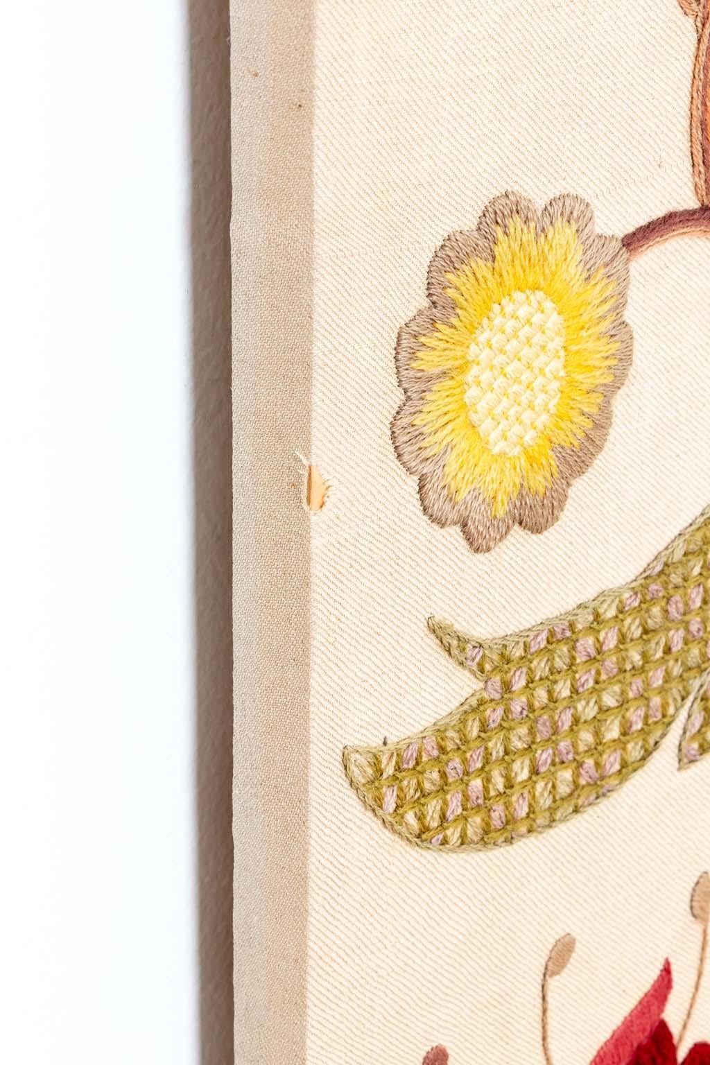 19th Century Botanical Embroidery Crewel Work Textile Mounted to Be Wall Hung For Sale