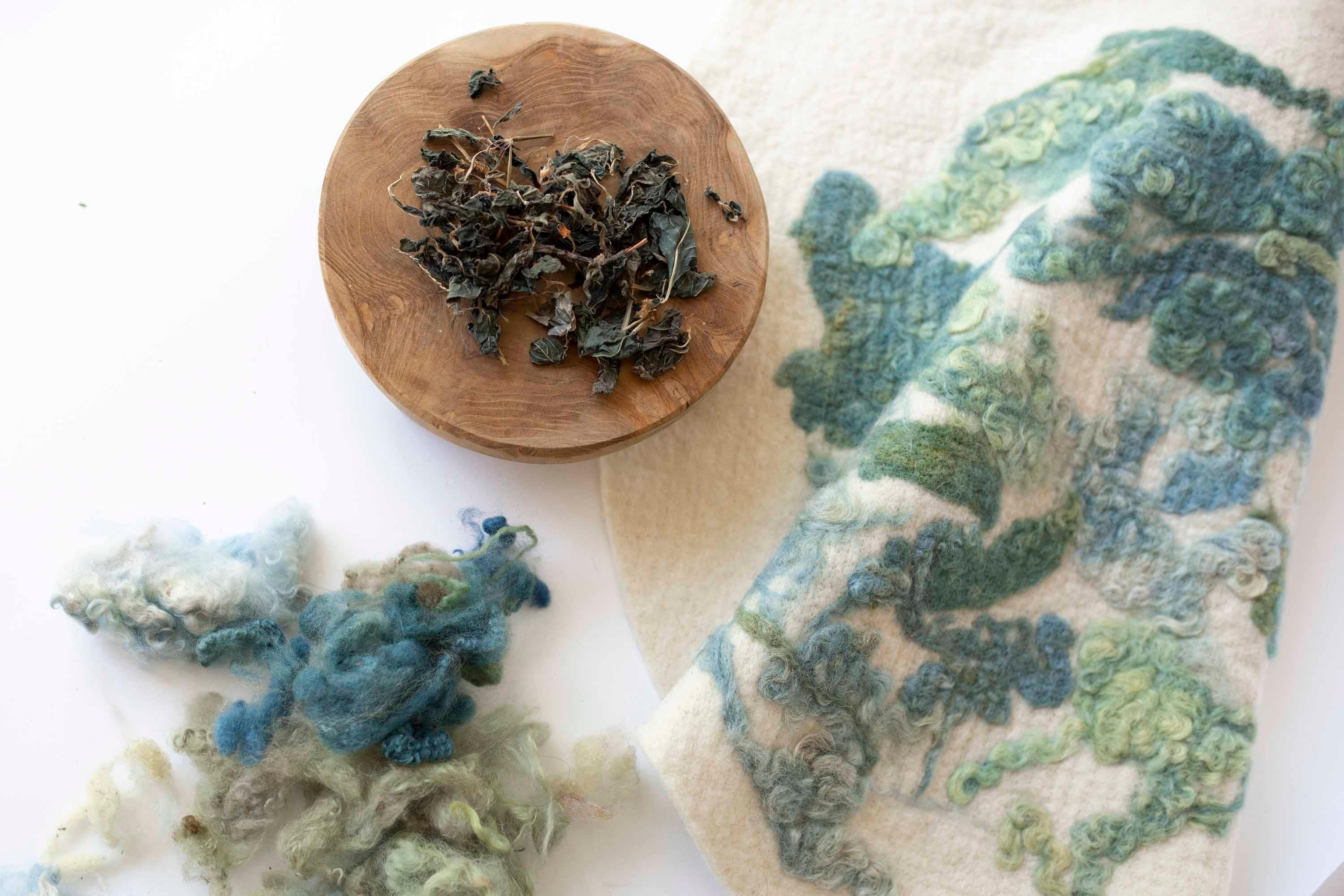 Botanical Felted Wool Lumbar Pillow by JG Switzer Indigo Blues For Sale 1