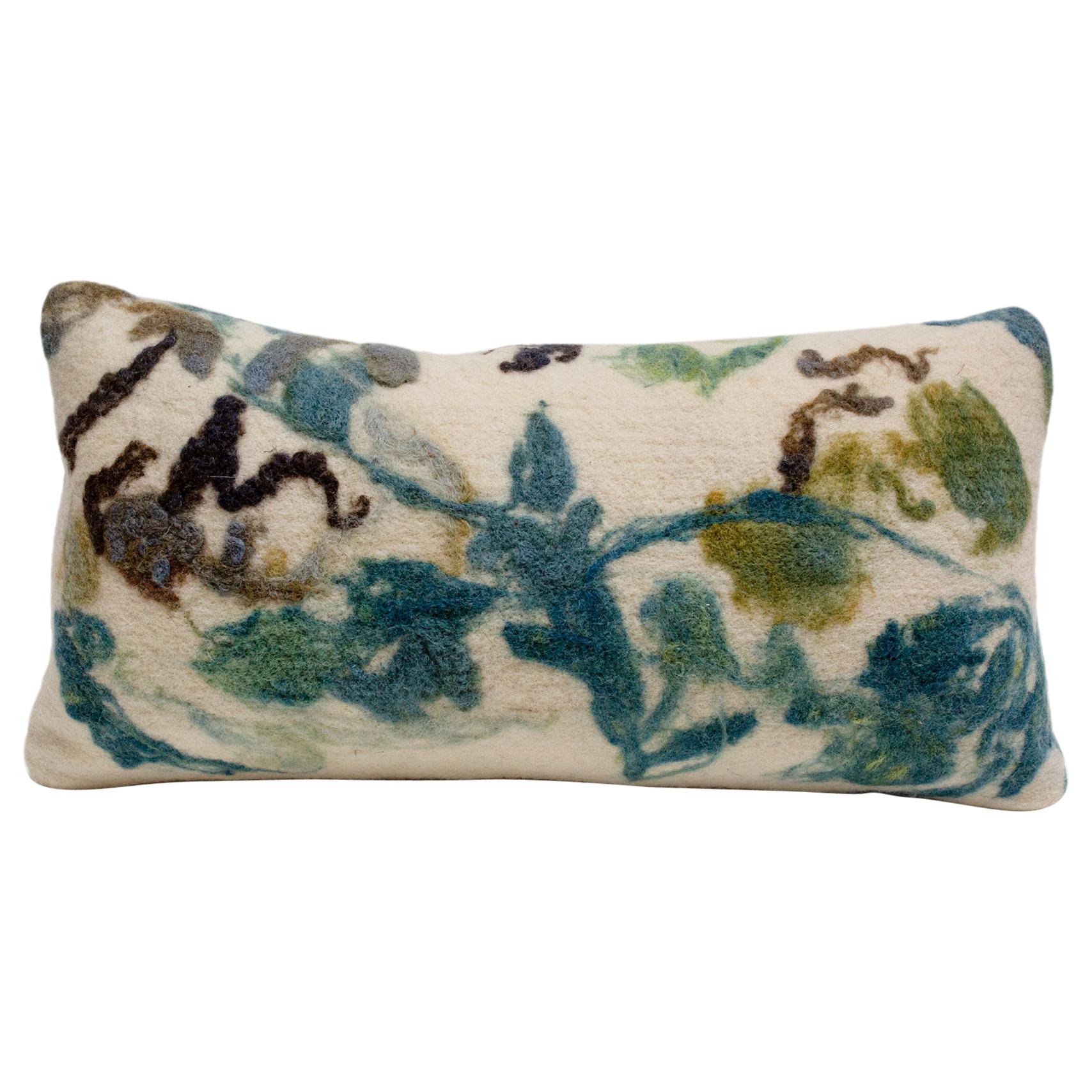 Botanical Felted Wool Lumbar Pillow by JG Switzer Indigo Blues For Sale