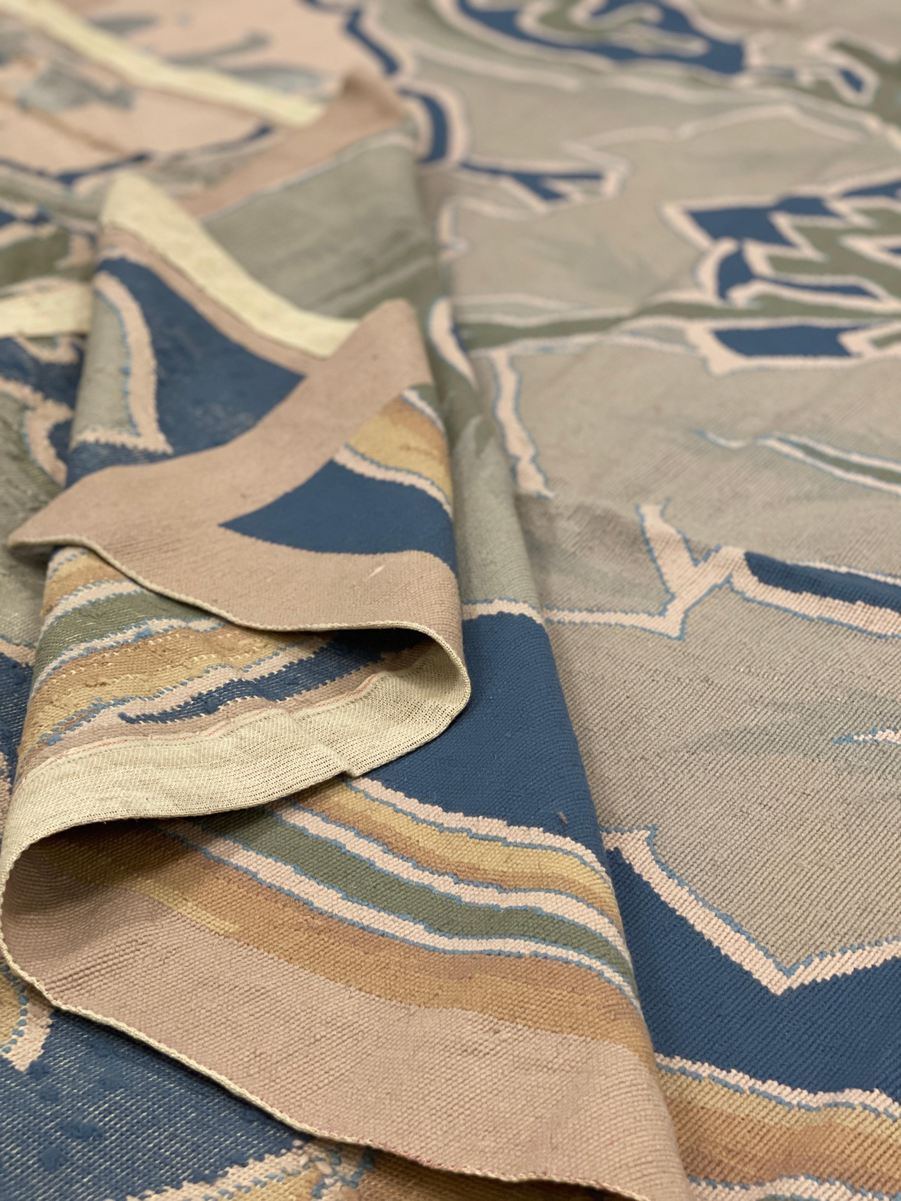 Botanical Green Rug Art Nouveau Carpet Aubusson Rug Handwoven Wool Needlepoint For Sale 5