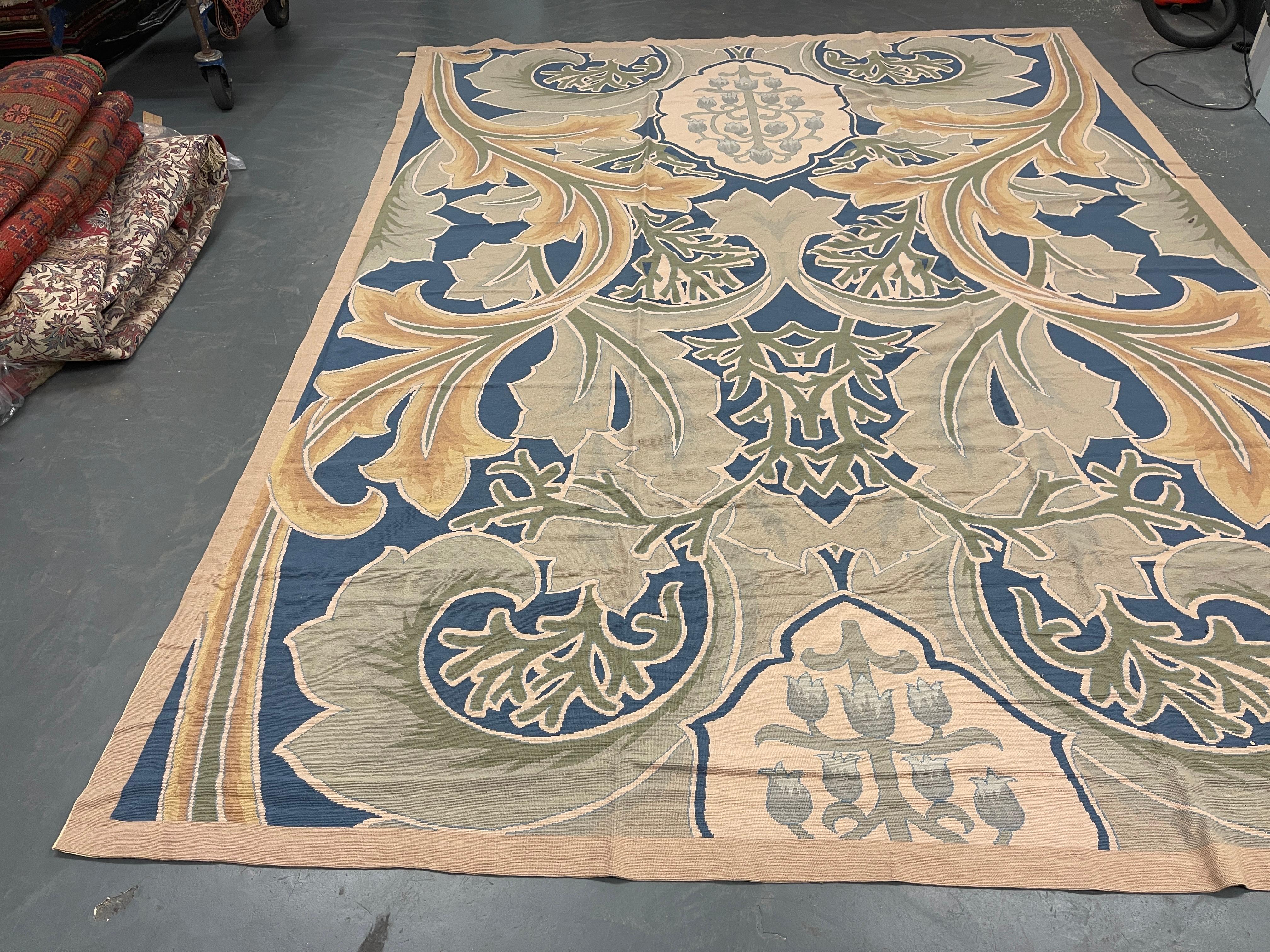 English Botanical Green Rug Art Nouveau Carpet Aubusson Rug Handwoven Wool Needlepoint For Sale