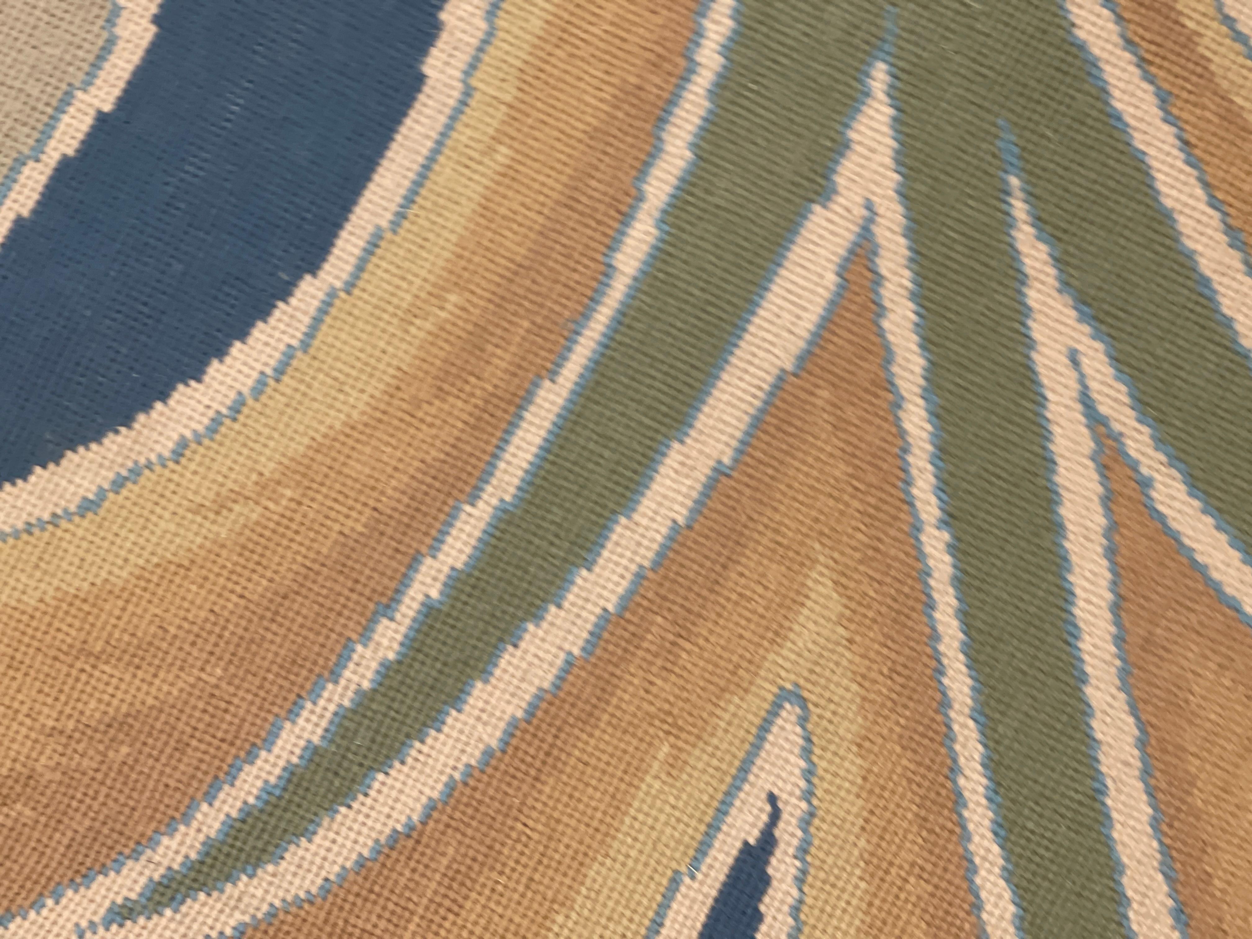 Botanical Green Rug Art Nouveau Carpet Aubusson Rug Handwoven Wool Needlepoint For Sale 2