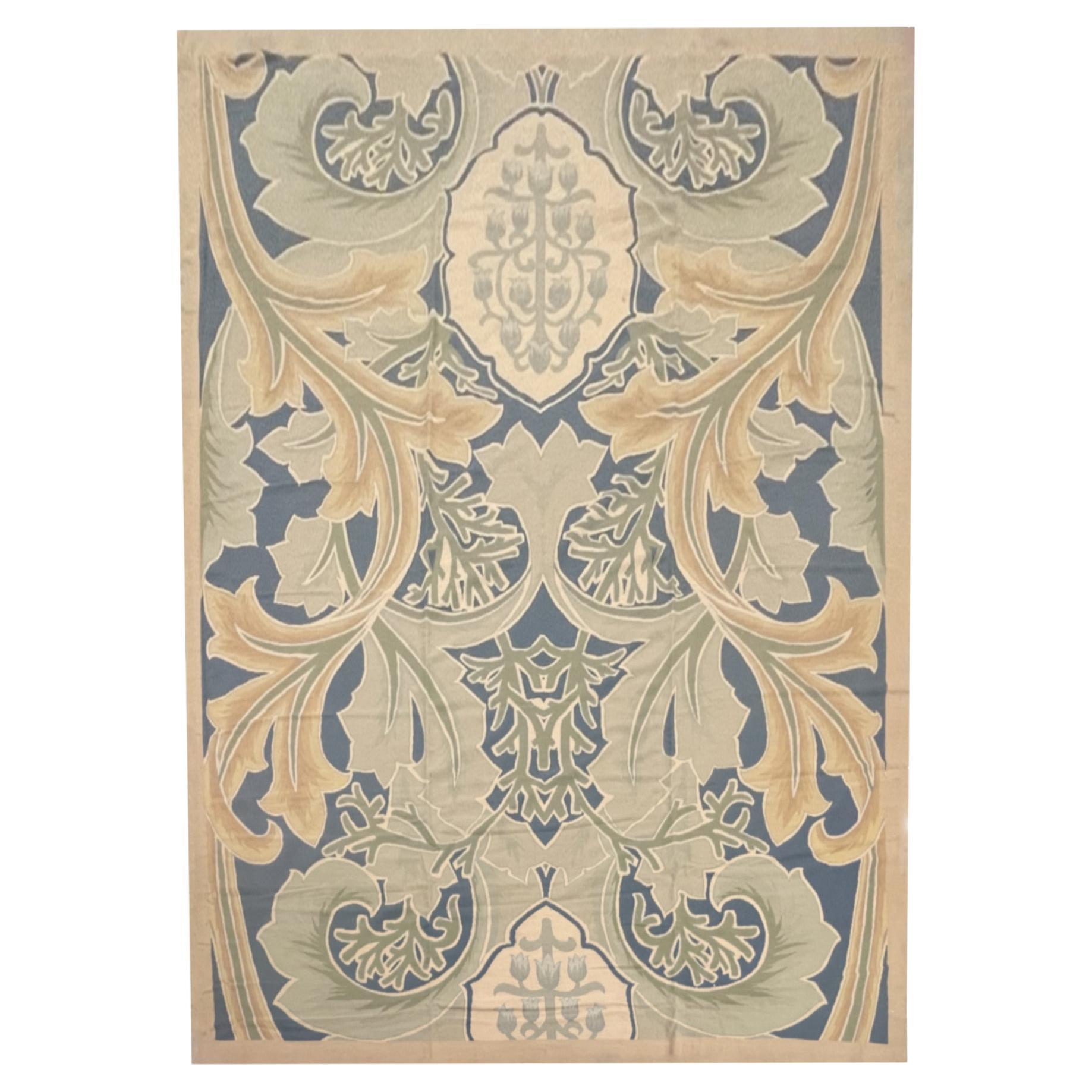 Botanischer Grüner Teppich Art Nouveau Teppich Aubusson Handgewebter Wollteppich Needlepoint
