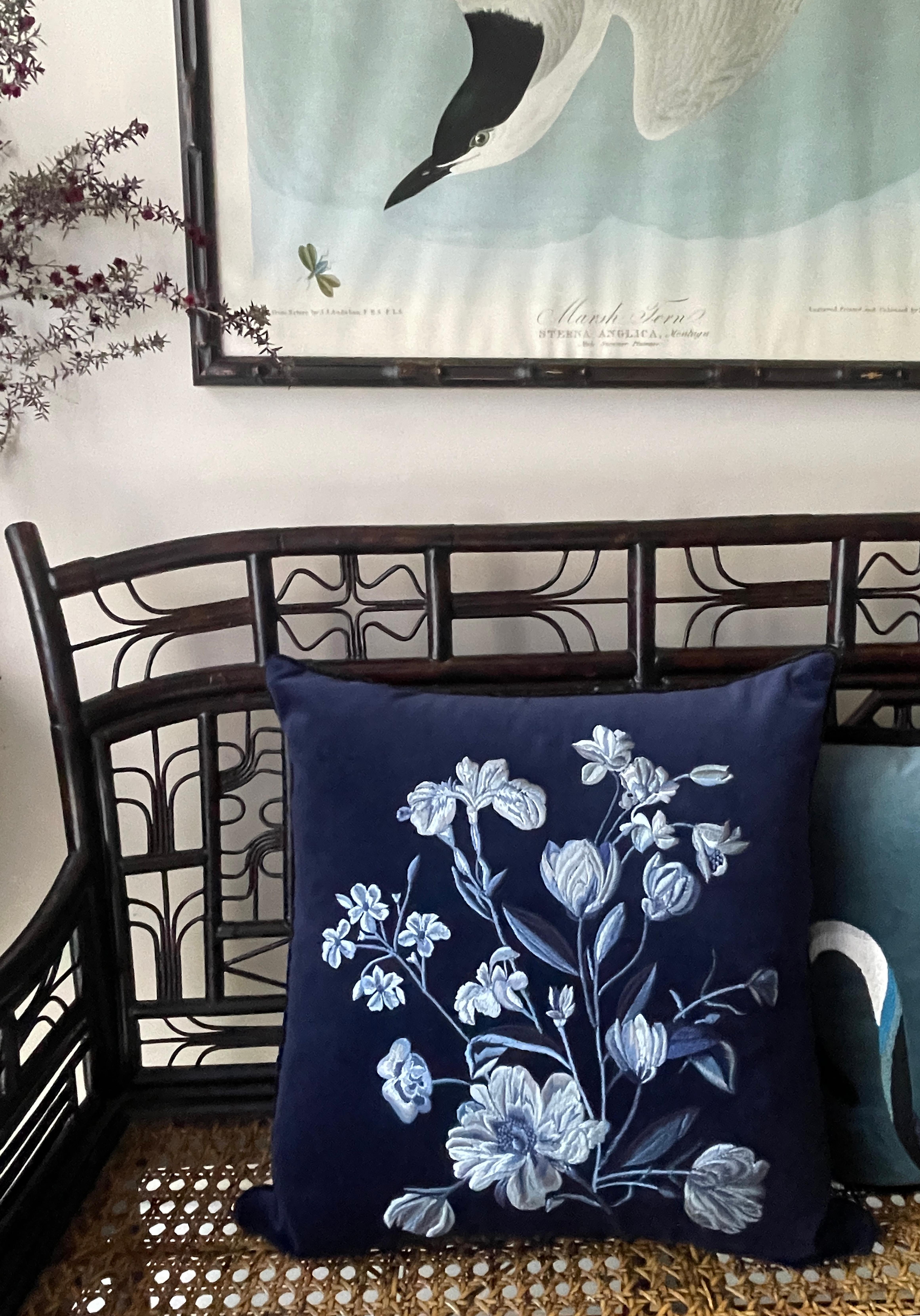 Embroidered Botanical hand-embroidered navy velvet accent pillow with tonal piping For Sale