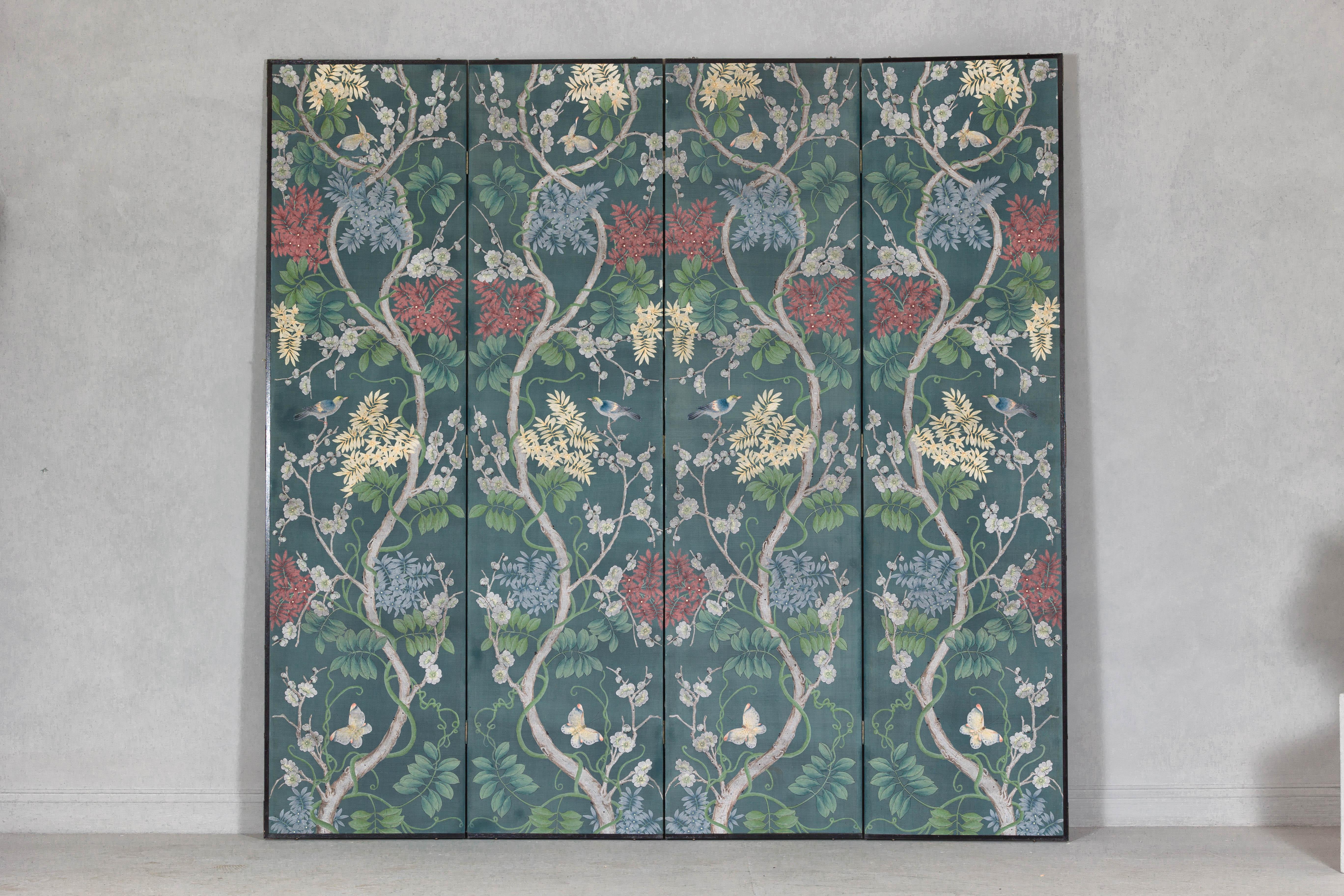 Chinese Botanical Hand-Painted Room Divider with Vibrant Flowers and Vines, Vintage For Sale