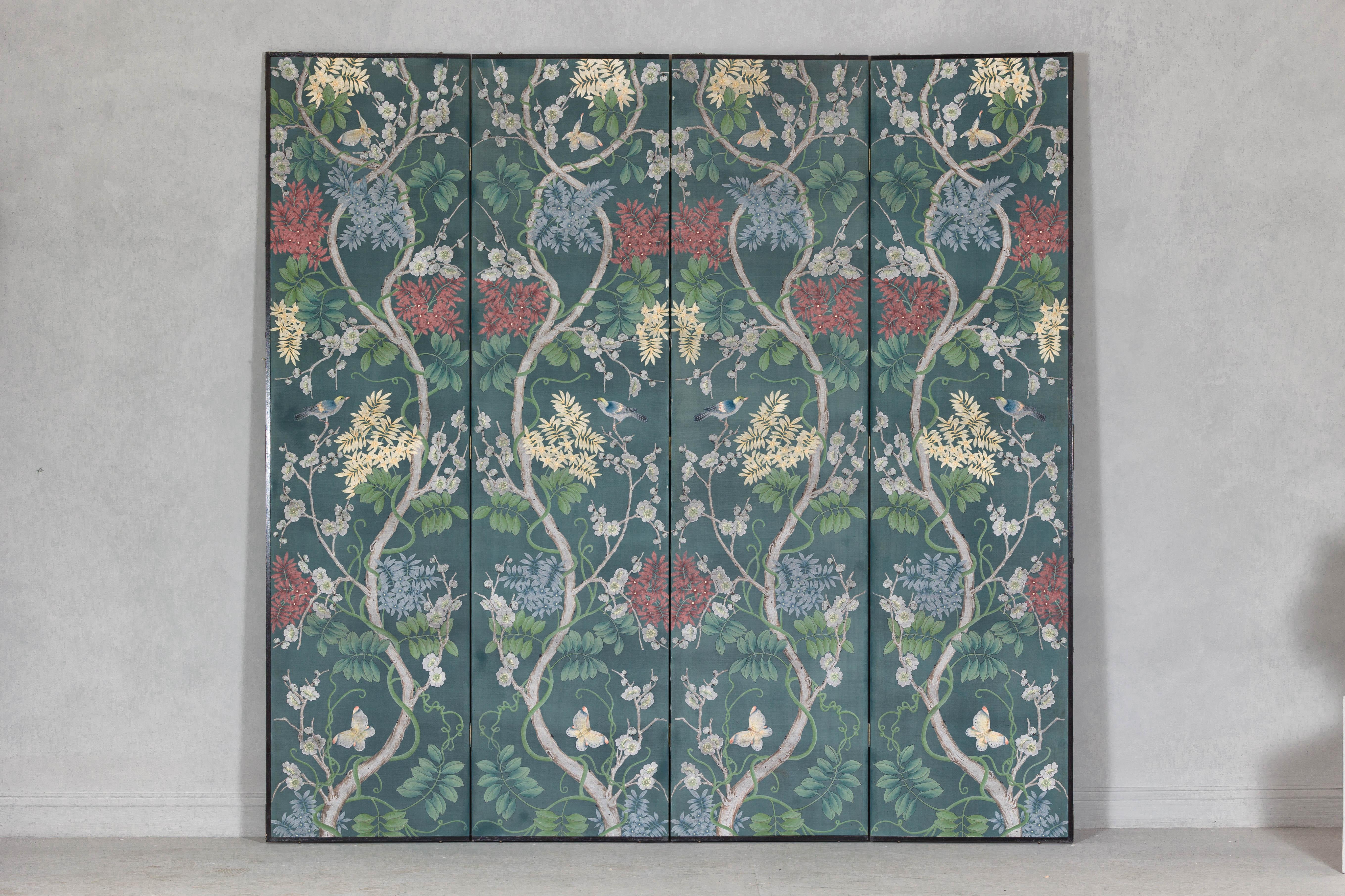 Botanical Hand-Painted Room Divider with Vibrant Flowers and Vines, Vintage In Good Condition For Sale In Yonkers, NY