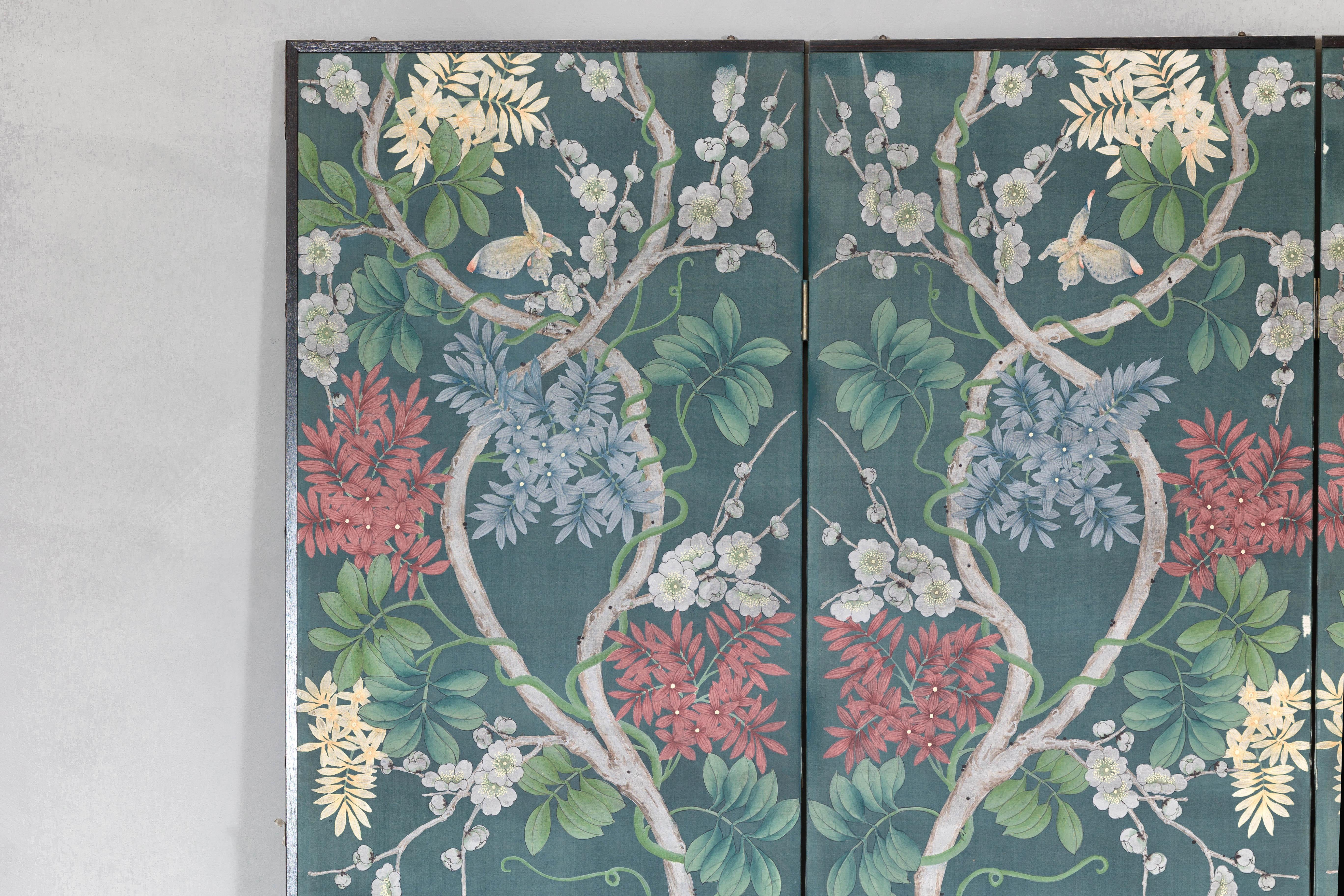 Wood Botanical Hand-Painted Room Divider with Vibrant Flowers and Vines, Vintage For Sale