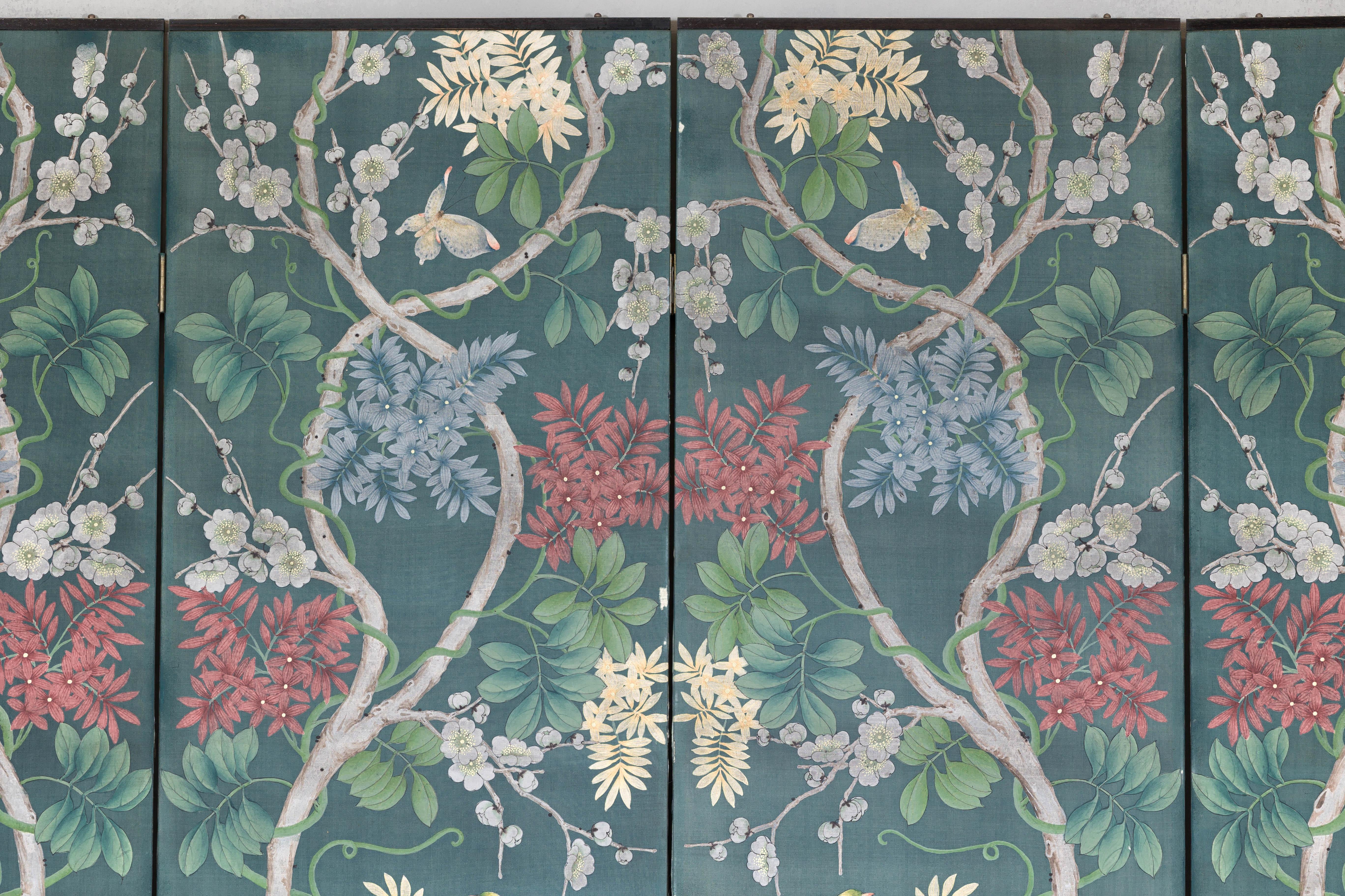 Botanical Hand-Painted Room Divider with Vibrant Flowers and Vines, Vintage For Sale 1