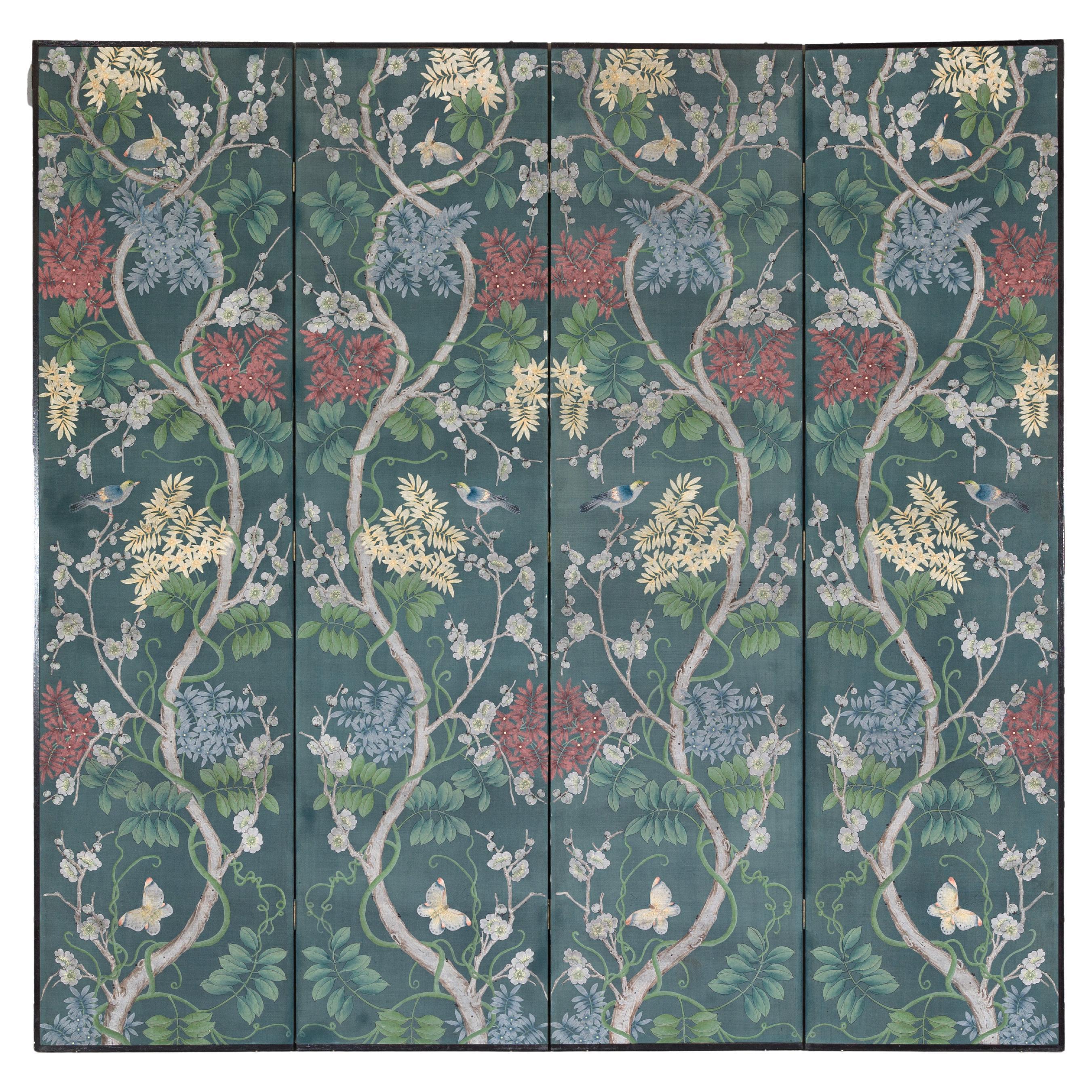 Botanical Hand-Painted Room Divider with Vibrant Flowers and Vines, Vintage